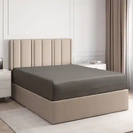 Front. CGK Linens - 100% Cotton Sateen 400 TC Fitted Sheet Only - Deep Pocket for 8"-16" Mattresses - King - Dark grey.