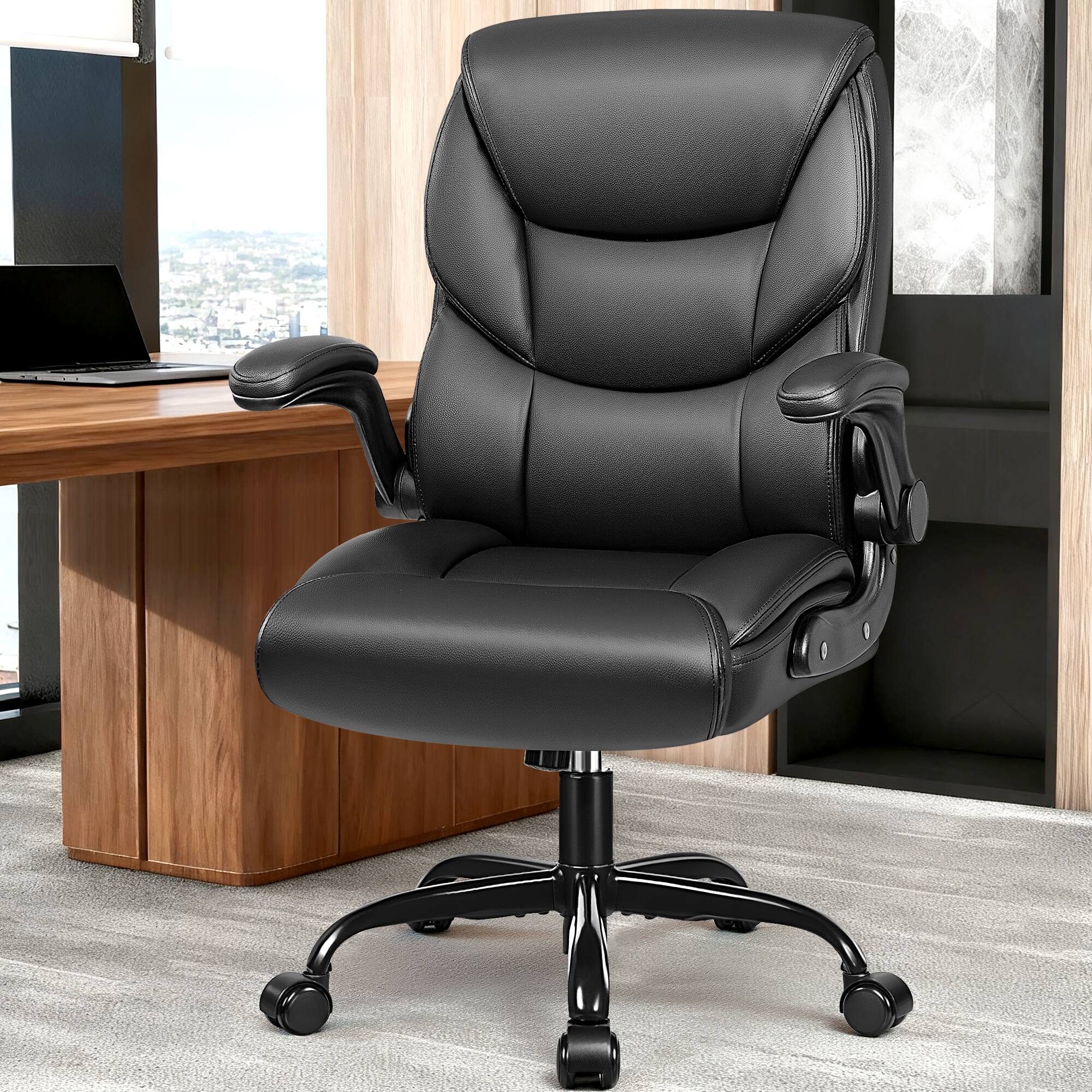 Alt View 4. KERDOM - PU Leather Ergonomic Home Desk Chair, Tilt Swivel Mid Back Computer Chair Adjustable Height, Padded Flip-Up Armrests - Black.