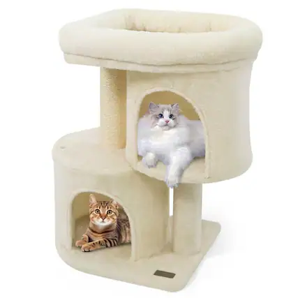 Front. Kadyn - 26-Inch Compact Cat Tower with Large Padded Perch and Two Condos, Beige - Beige.