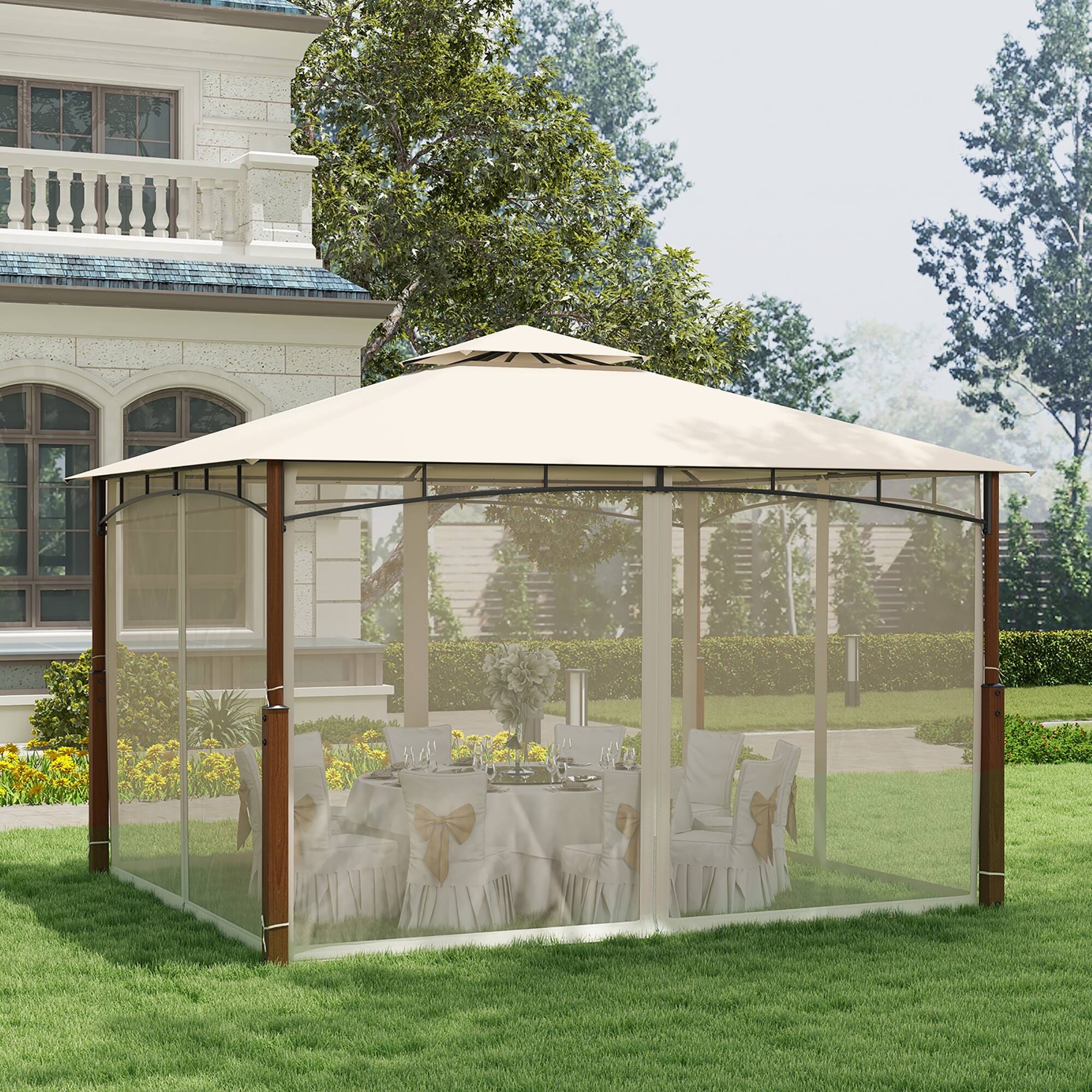 Alt View 3. Gymax - Gymax 12' x 10' Outdoor Patio Gazebo w/ Netting 2-Tier Canopy Roof Metal Frame - Beige, Natural.