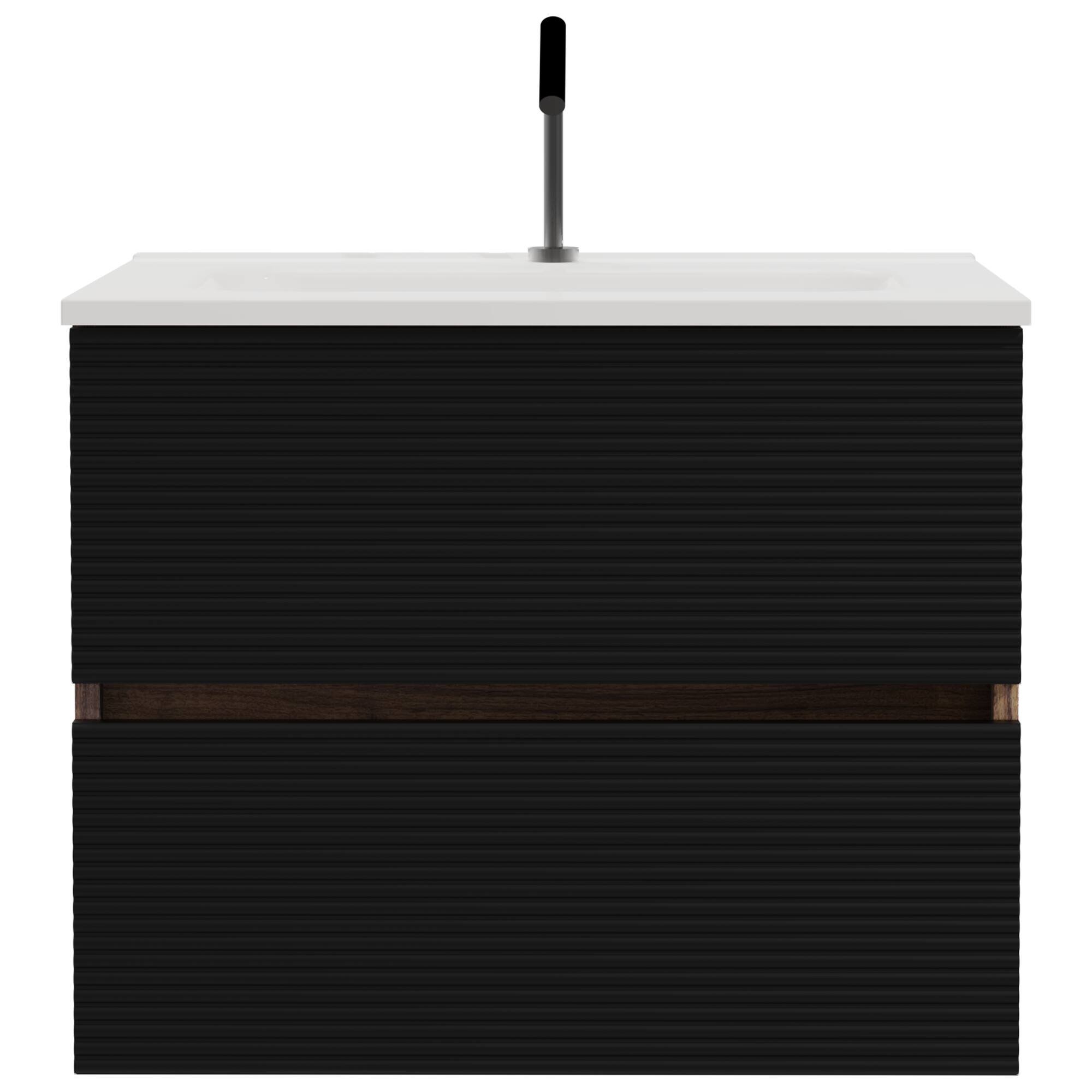 Alt View 5. Boyel Living - 24 Inch Wall Mounted Soft Black & Walnut Bathroom Vanity with Integrated Ceramic Sink / Large Storage, Pre-Assembled - Black+Brown.