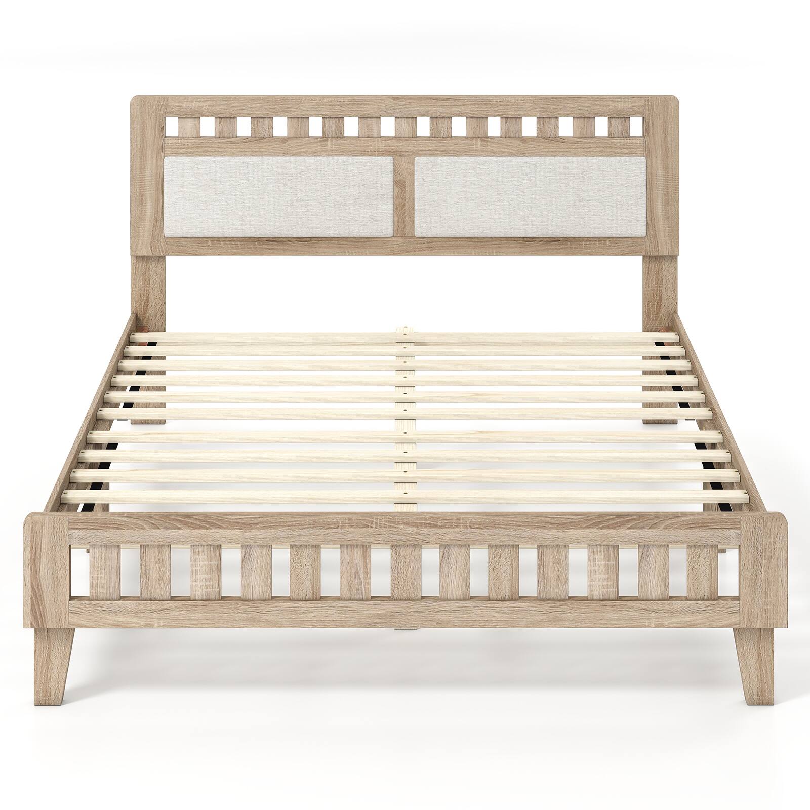 Alt View 9. Gymax - Gymax Full Wood Bed Frame w/Upholstered Headboard Solid Wood Leg Wooden Slat Support - Beige.