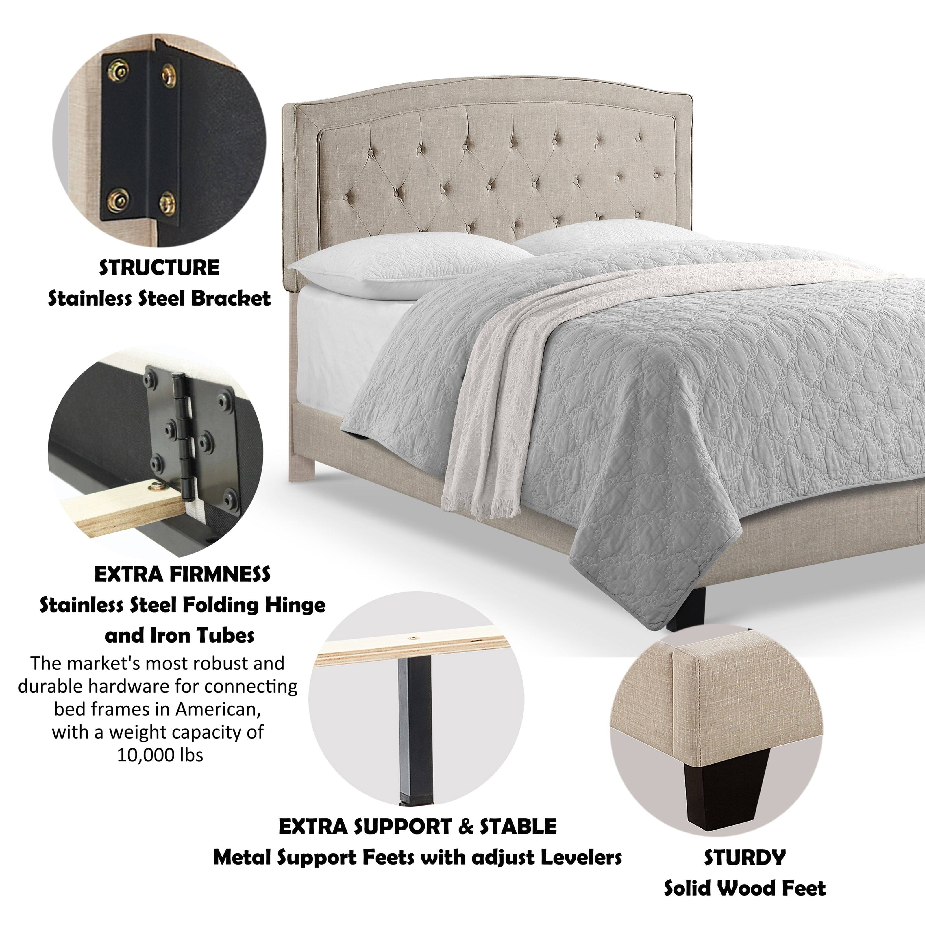 STRUCTURE  
Stainless Steel Bracket  

EXTRA FIRMNESS  
Stainless Steel Folding Hinge and Iron Tubes  
The market's most robust and durable hardware for connecting bed frames in America, with a weight capacity of 10,000 lbs  

EXTRA SUPPORT & STABLE  
Metal Support Feet with adjust Levelers  

STURDY  
Solid Wood Feet