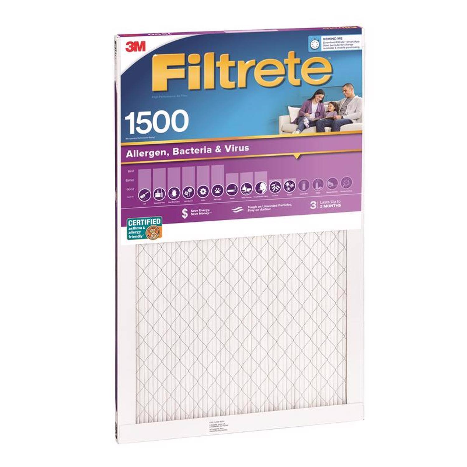 REMIND - 3M Filtrete 1500 Bacteria & Virus Allergen, - Good I CERTIFIED authuma 4 slergy friendly Energ $ -a Munas Toug - Lasts Up to 3 MONTHS