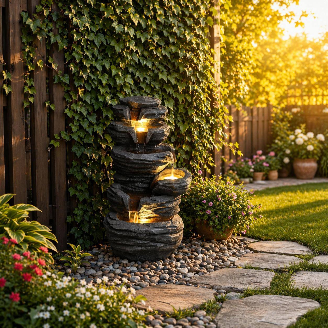 Alt View 1. RYHNUYNE - Outdoor Waterfall Fountain with LED Lights – Stacked Rock Cascading Water Feature Resin Garden Decor for Patio, Yard.