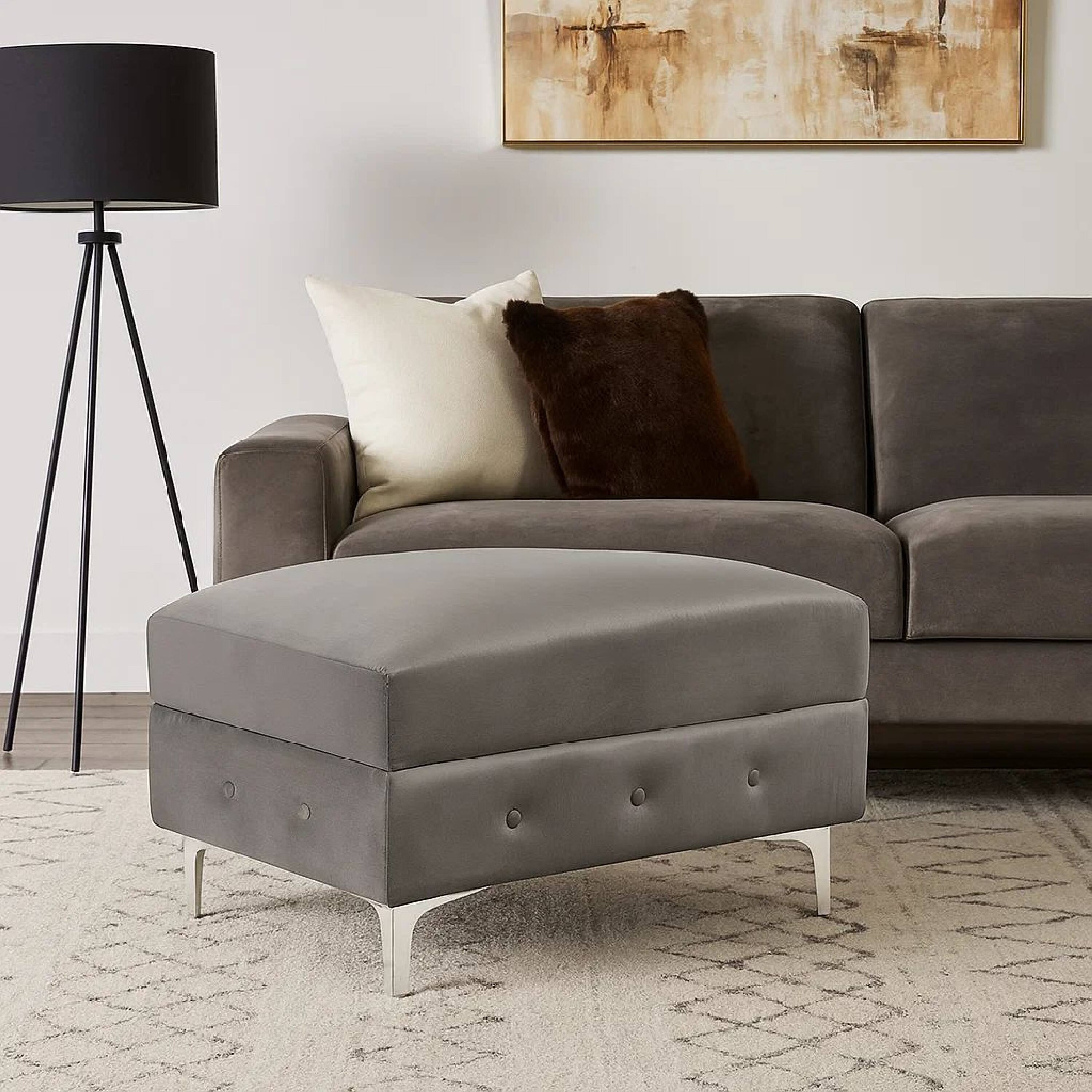 Alt View 7. Manhattan Lane - Anzo 32 Inch Square Ottoman, Button Tufting, Chrome Plated Steel Legs, Gray - Gray. Chrome.