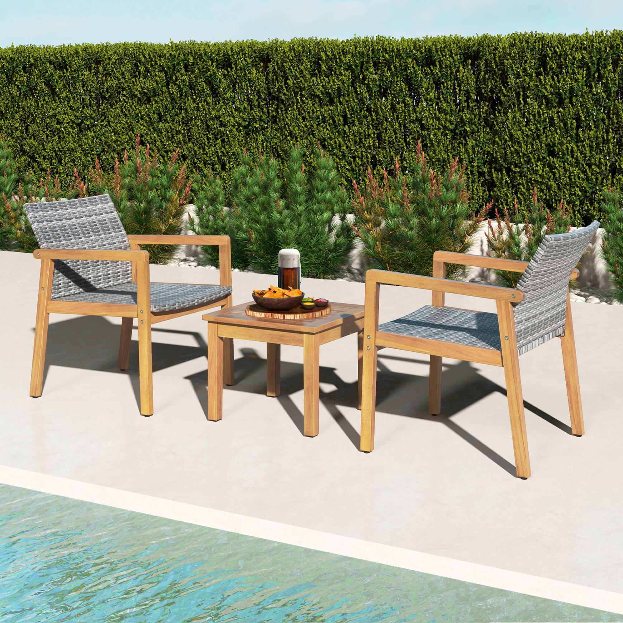 Alt View 4. Costway - Costway 3 PCS Outdoor Furniture Set, Acacia Wood Frame Sofa Set with Rattan Seat - Gray.