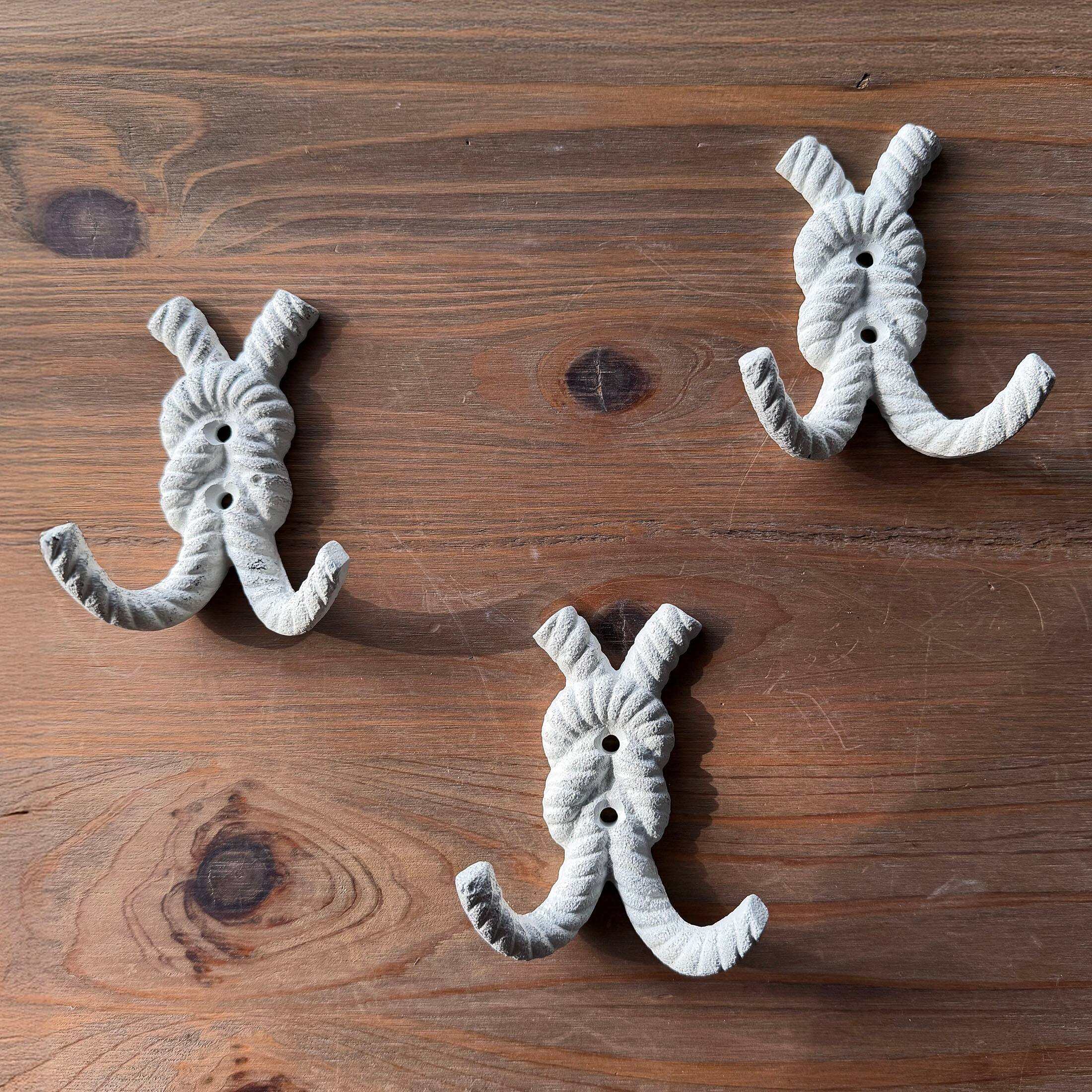 Alt View 3. Zeckos - Set of 3 Cast Iron Rope Knot Wall Hooks 4in Antique White Coastal Decor - White.