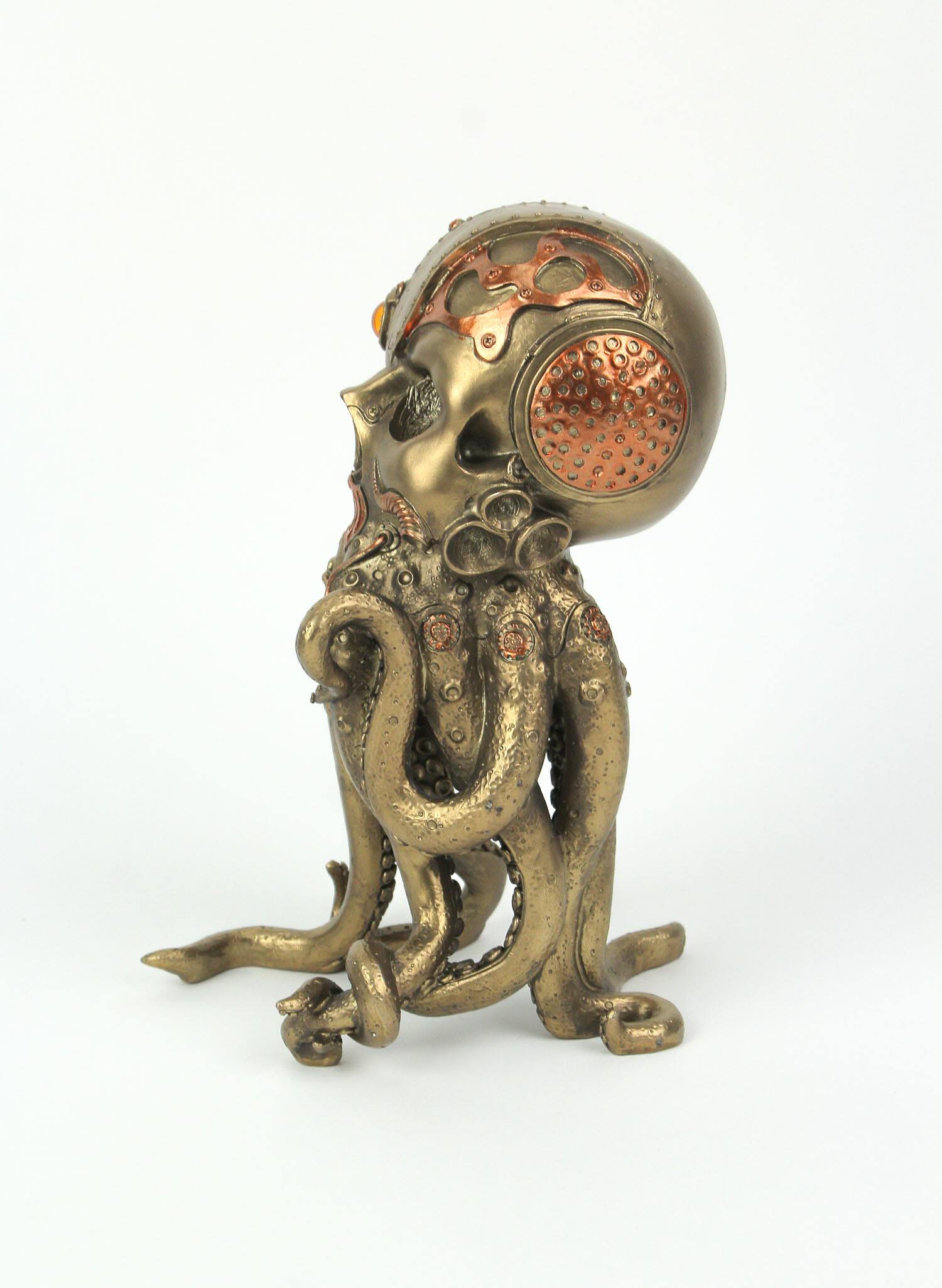 Alt View 3. Zeckos - Bronze / Copper Finished Steampunk Human Skull / Octopus Fantasy Tabletop Statue - Bronze.