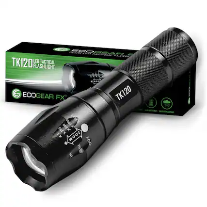 TK120 CGEAR LED TACTICAL FLASHLIGHT *XXX A . LOO G ECOGEAR FX 20g0 1000 X500 X X250 x x X1 ZOOM OUT @5M IN TK120 DISTANT AAA BATTERIES WATER RESISTANT