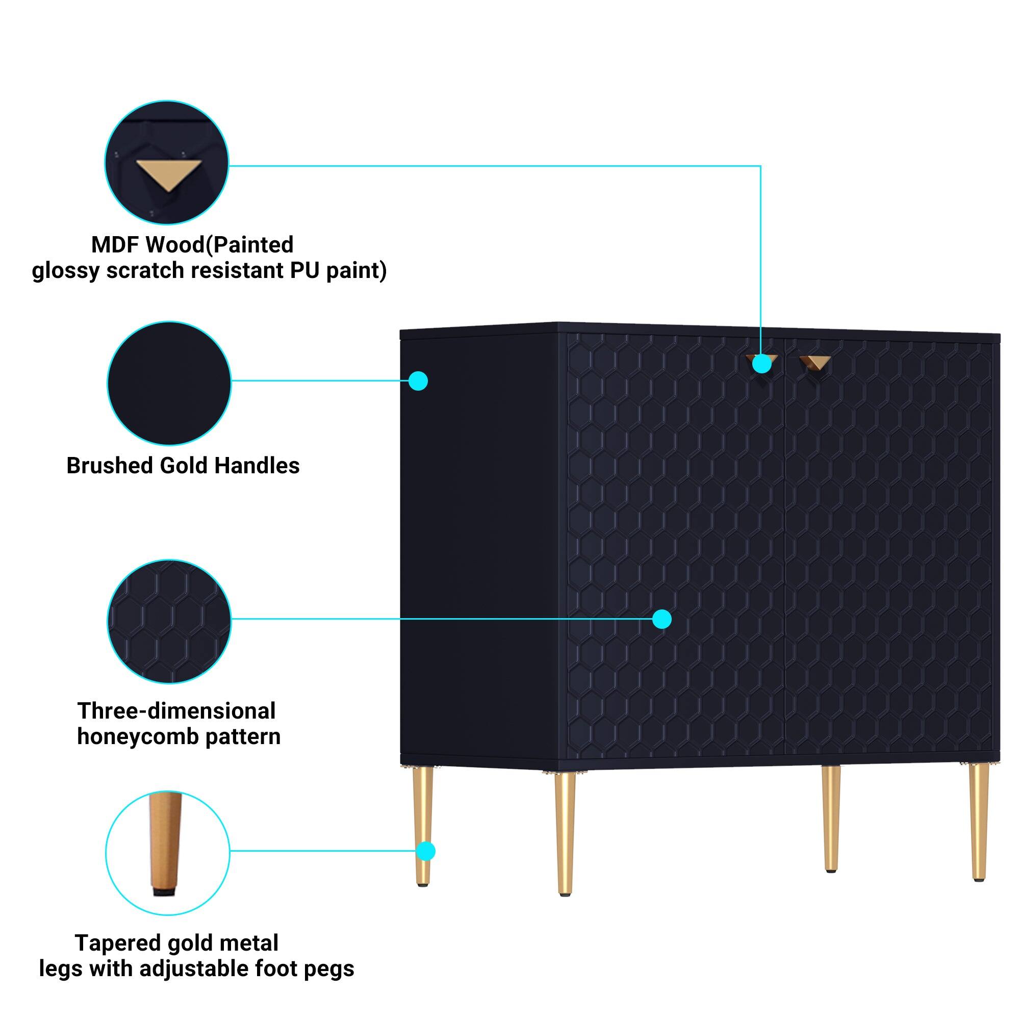 MDF Wood(Painted glossy scratch resistant PU paint), Brushed Gold Handles, Three-dimensional honeycomb pattern, Tapered gold metal legs with adjustable foot pegs