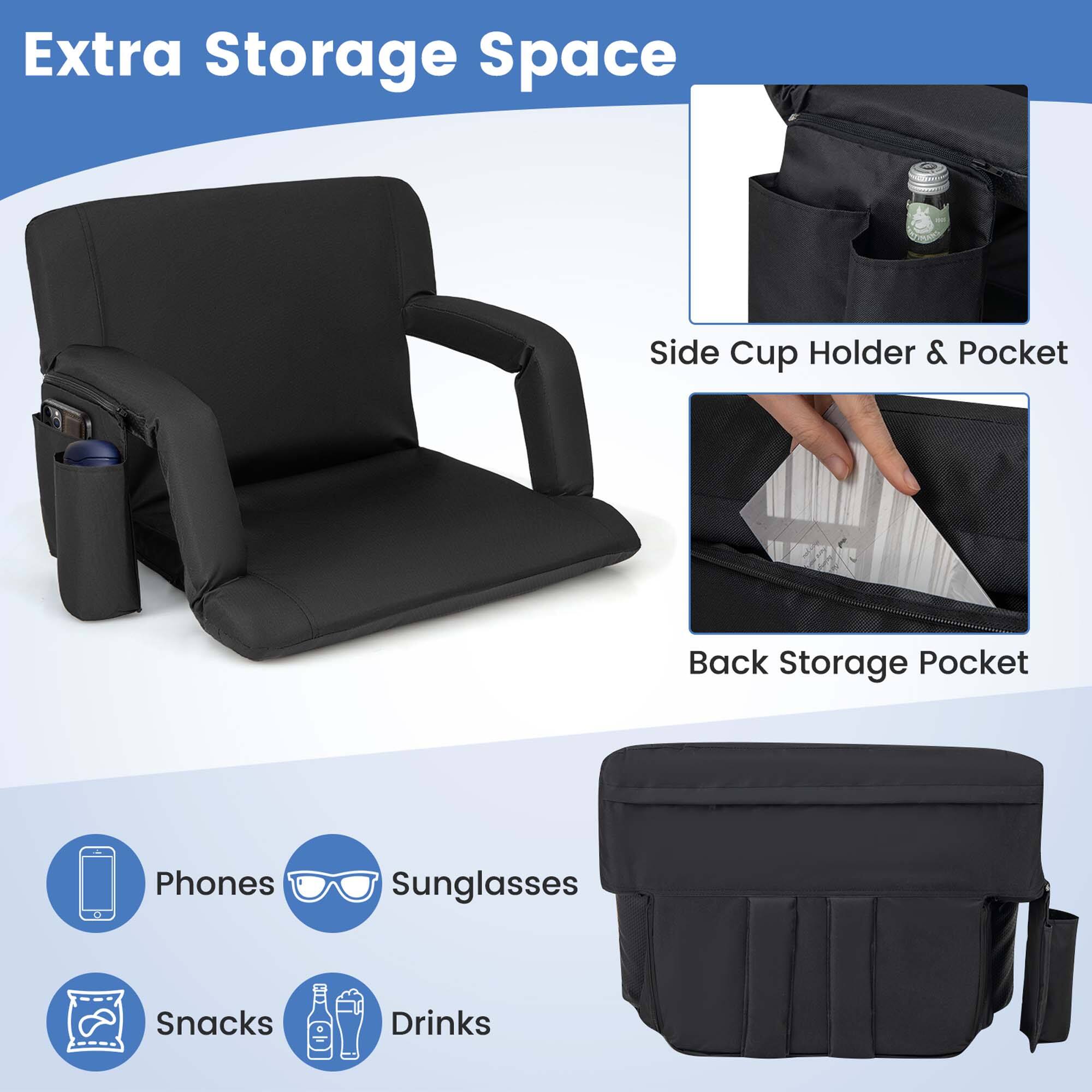 Extra Storage Space

Side Cup Holder & Pocket

Back Storage Pocket

Phones
Sunglasses
Snacks
Drinks