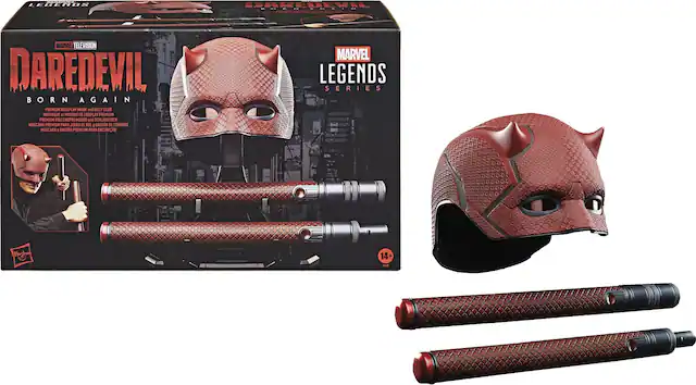 LEGOERS MAREDEWL MARVEL TELEVISION DAREDEVIL BORN AGAIN PREMIUM MOLEPLAY MASK and BILLY CLUB MATRAGUE at MASQUE OE COSPLAY PREMIUM PREMIUM OLLENSPILLMASKE und SCKL AGSTOCK MASCARA PREMIUM PARA JUESO D RSL I BASTON DE COMBATE MASCARA 1 BASTO PRLMIUM PARA ENCENAO MARVEL LEGENDS SERIES Hasker 14+