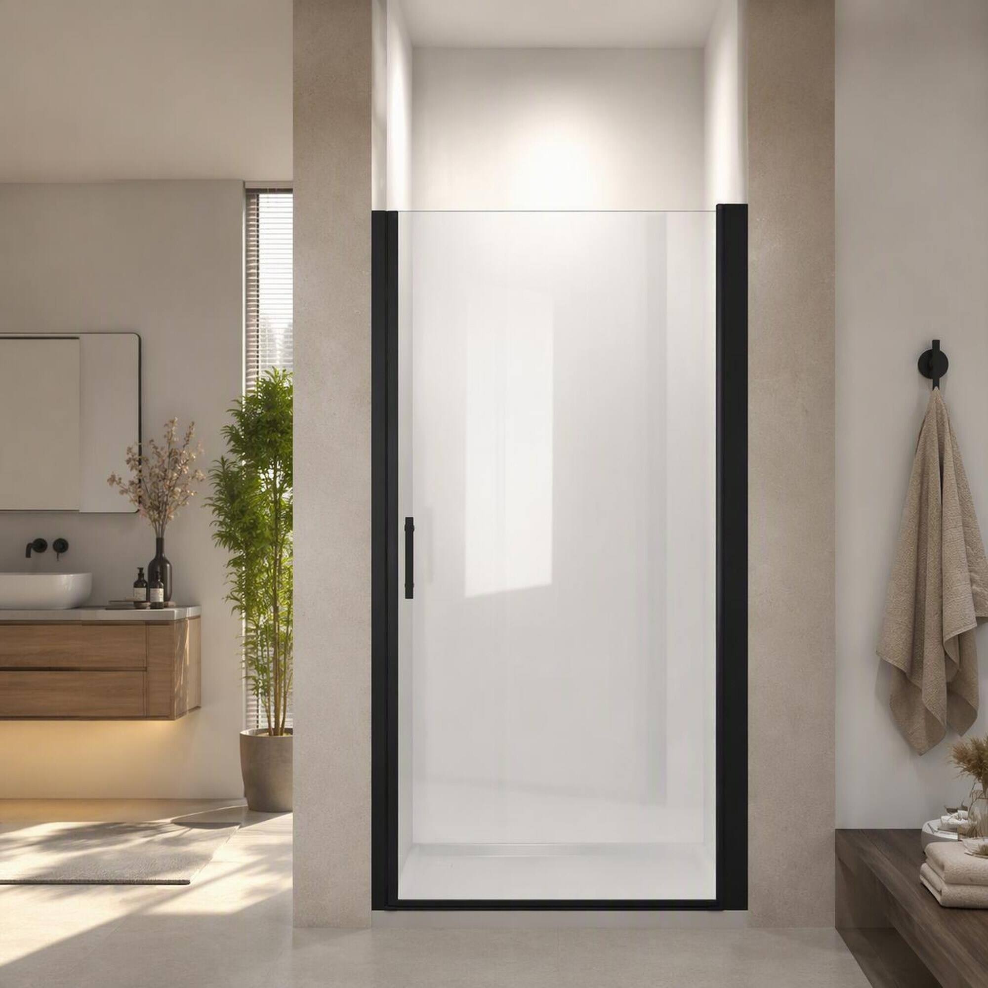 Front. RYHNUYNE - 36" X 72" Pivot Shower Door With 1/4" Tempered Glass, Matte Black Frame And Safety Film - Matte Black.
