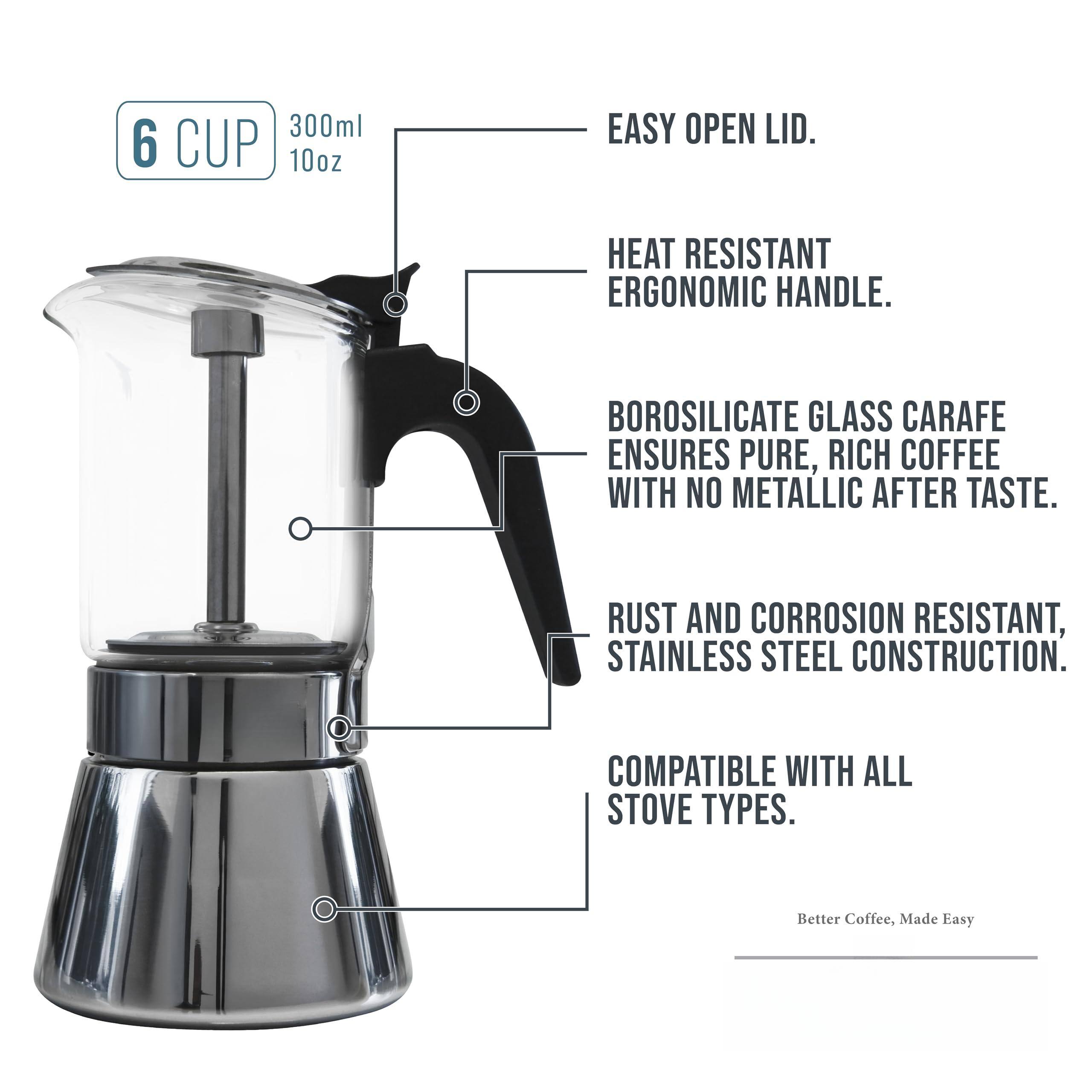 - 6 CUP
- 300ml
- 10oz

- EASY OPEN LID.

- HEAT RESISTANT ERGONOMIC HANDLE.

- BOROSILICATE GLASS CARAFE ENSURES PURE, RICH COFFEE WITH NO METALLIC AFTER TASTE.

- RUST AND CORROSION RESISTANT, STAINLESS STEEL CONSTRUCTION.

- COMPATIBLE WITH ALL STOVE TYPES.

- Better Coffee, Made Easy