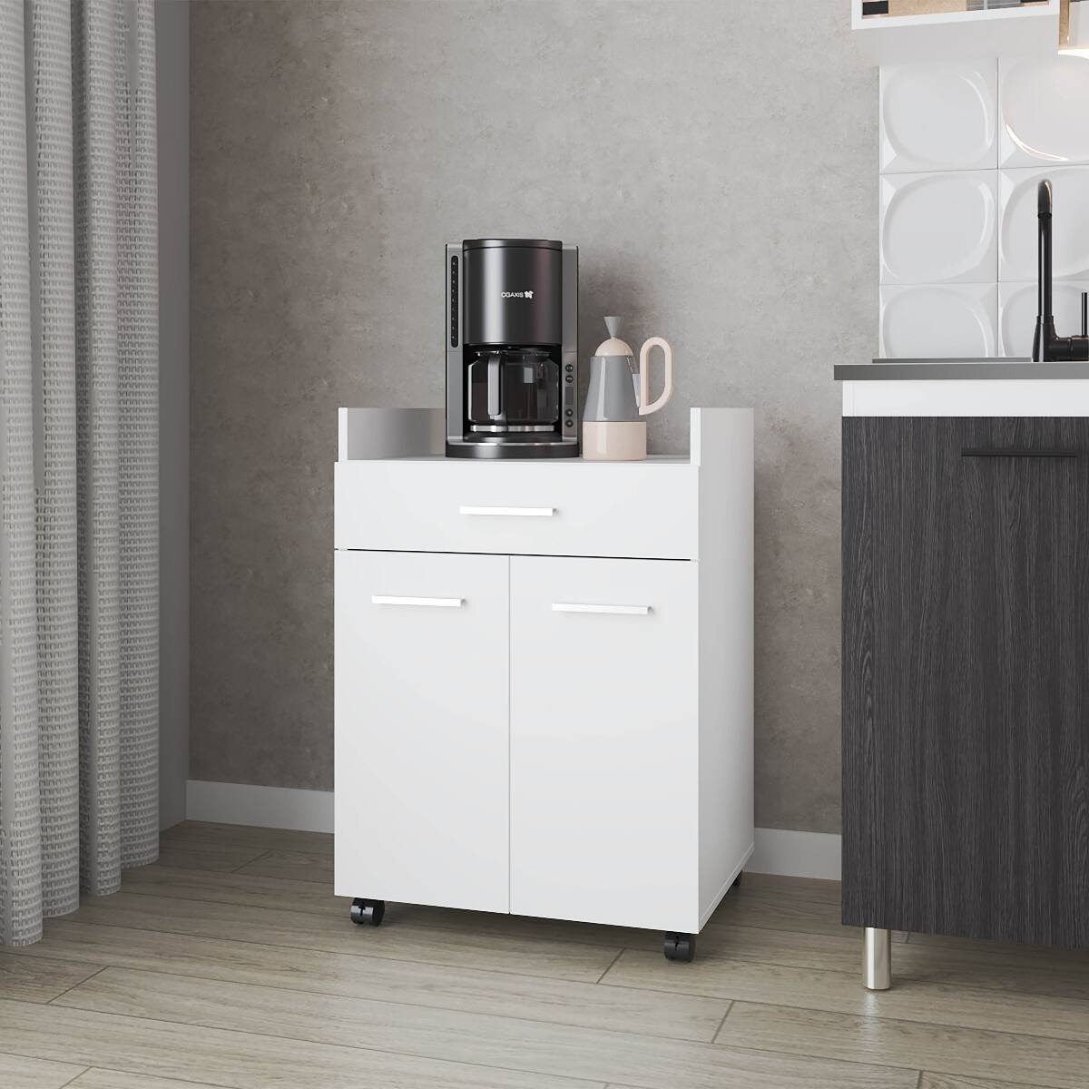 Front. Loheer - Loheer White Kitchen Cart with 2 Doors and 1 Drawer Modern Space Saving Kitchen Island - White.