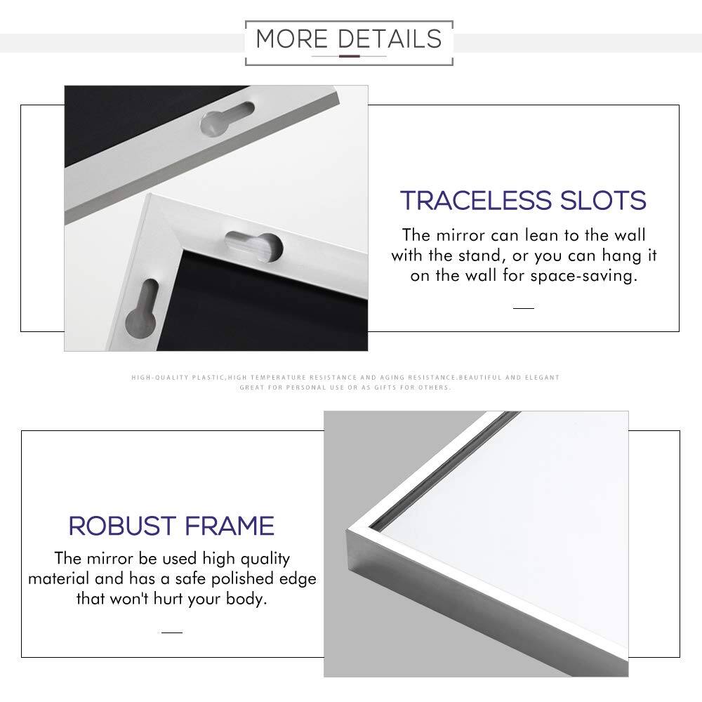 **MORE DETAILS**

**TRACELESS SLOTS**  
The mirror can lean to the wall with the stand, or you can hang it on the wall for space-saving.

**HIGH-QUALITY PLASTIC, HIGH TEMPERATURE RESISTANCE AND AGING RESISTANCE, BEAUTIFUL AND ELEGANT GREAT FOR PERSONAL USE OR AS GIFTS FOR OTHERS.**

**ROBUST FRAME**  
The mirror is made of high-quality material and has a safe polished edge that won't hurt your body.