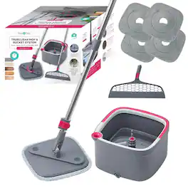 True & Tidy - Deluxe Spin Mop Dual Bucket True Clean System With Silicone Sweeper And Two Extra Mop Pads - Gray
