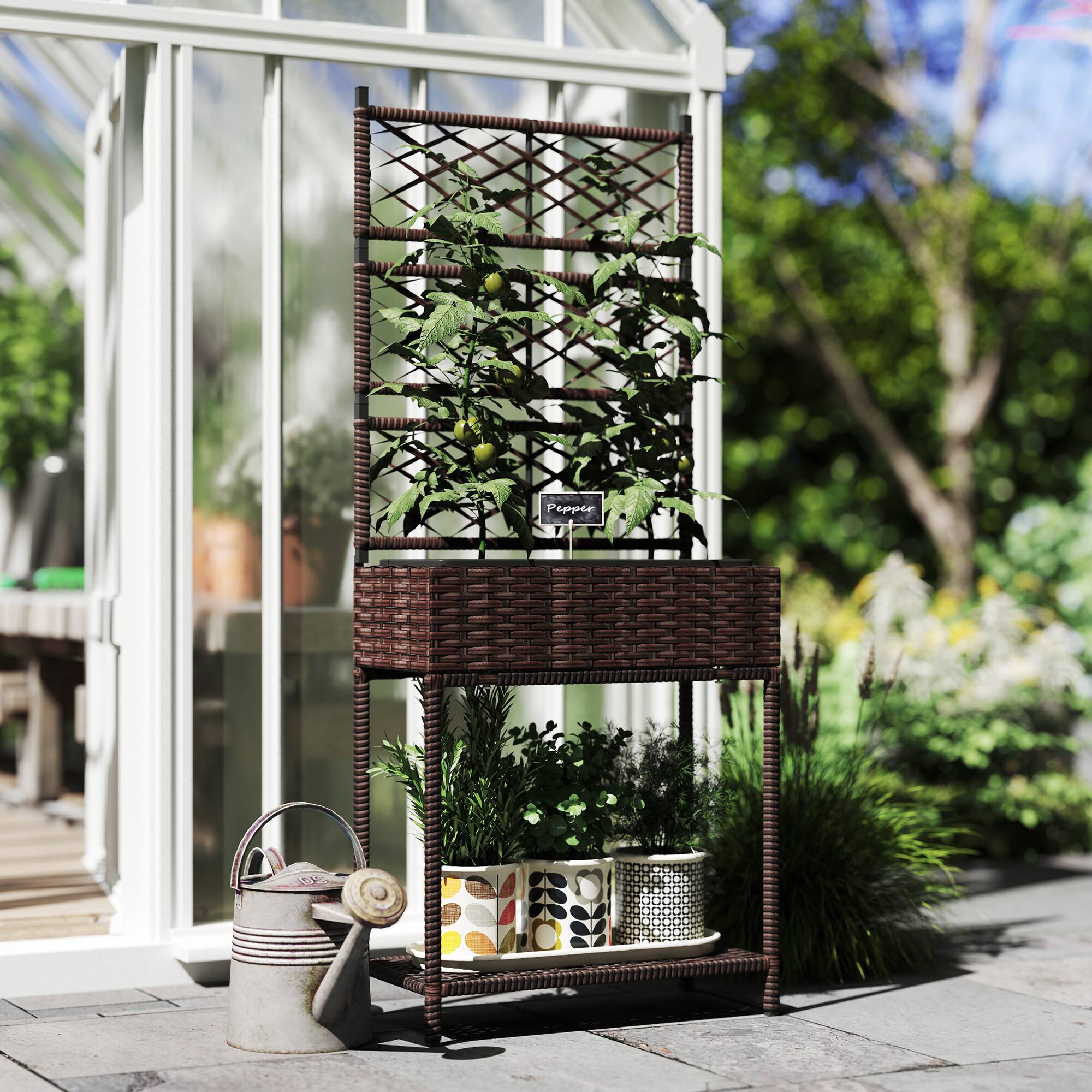 Alt View 1. Outsunny - Wicker Planter with Trellis for Climbing Plants - Brown.