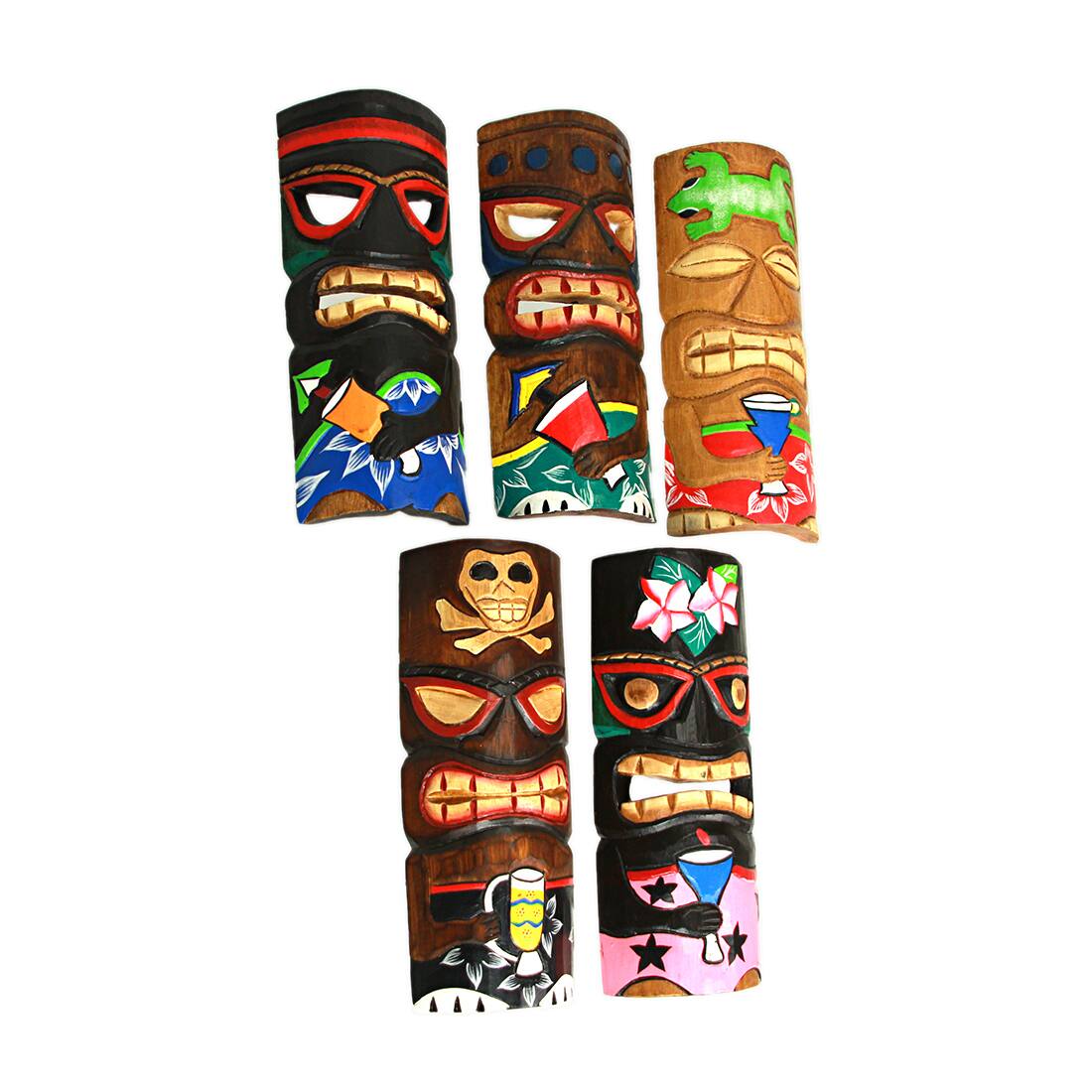 Alt View 1. Zeckos - Set of 5 Polynesian Style Wooden Tiki Masks 10 in. - Multicolored.