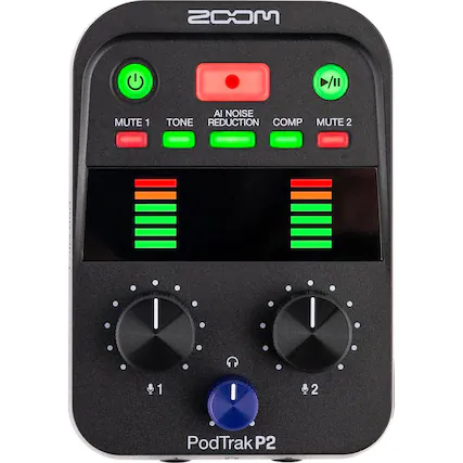 PodTrak P2
2COM
MUTE 1 TONE AI NOISE REDUCTION COMP MUTE 2
1 2