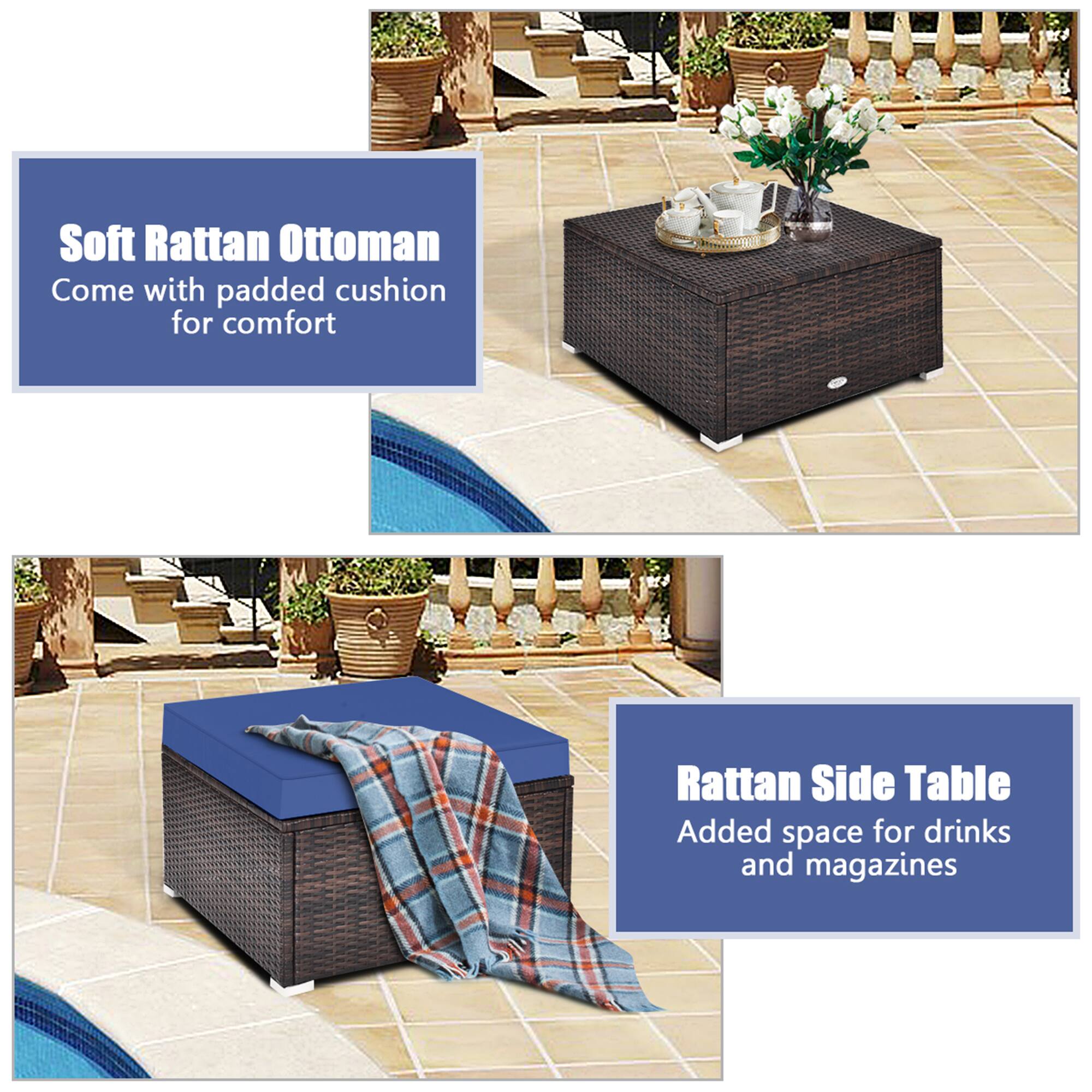 Soft Rattan Ottoman Come with padded cushion for comfort
Rattan Side Table Added space for drinks and magazines
