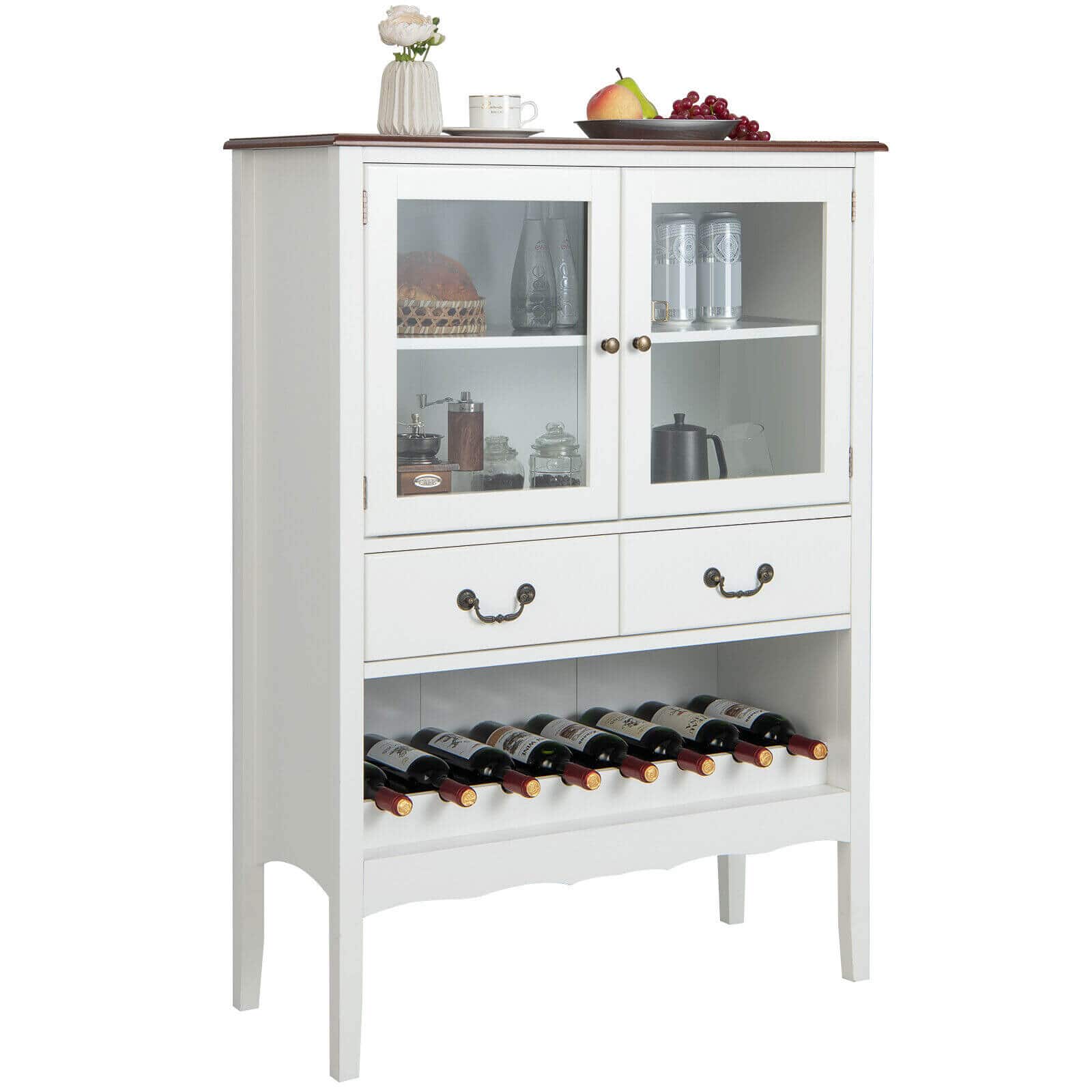 Ecooso - Buffet Sideboard Cabinet with 2 Tempered Glass Doors, Kitchen Storage Server Console - White/Brown