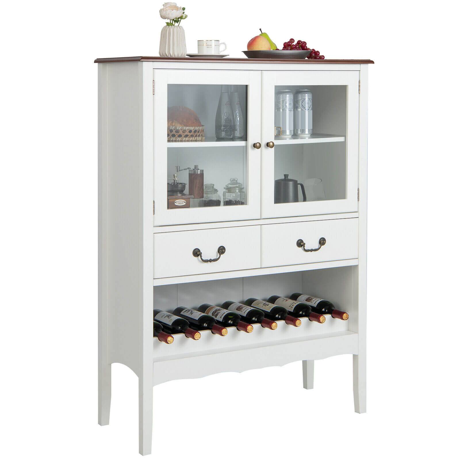 Front. Ecooso - Buffet Sideboard Cabinet with 2 Tempered Glass Doors, Kitchen Storage Server Console - White/Brown.