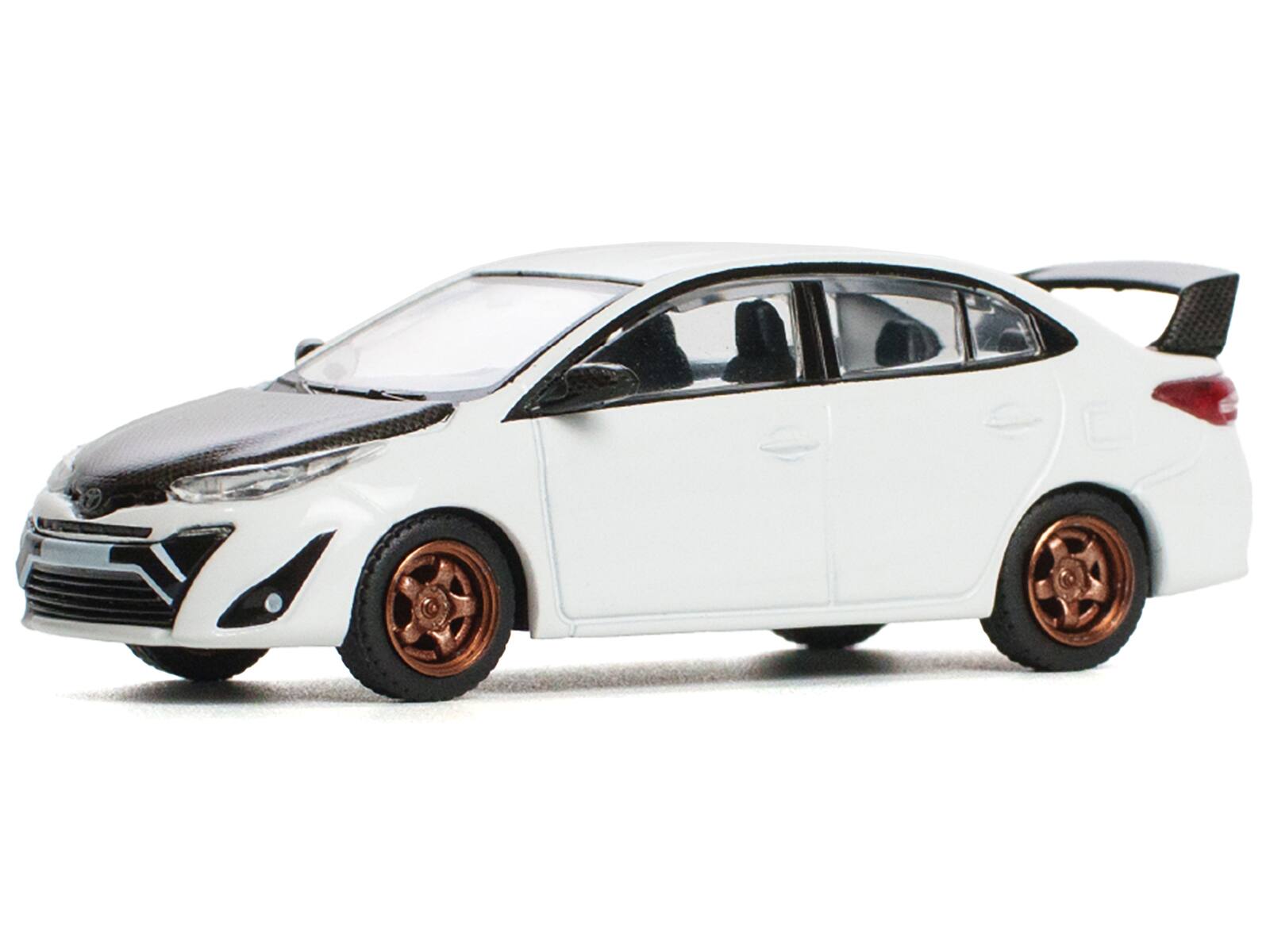 Angle. Pop Race - Toyota GR Vios White with Carbon Hood 1/64 Diecast Model Car by Pop Race - White with Carbon.