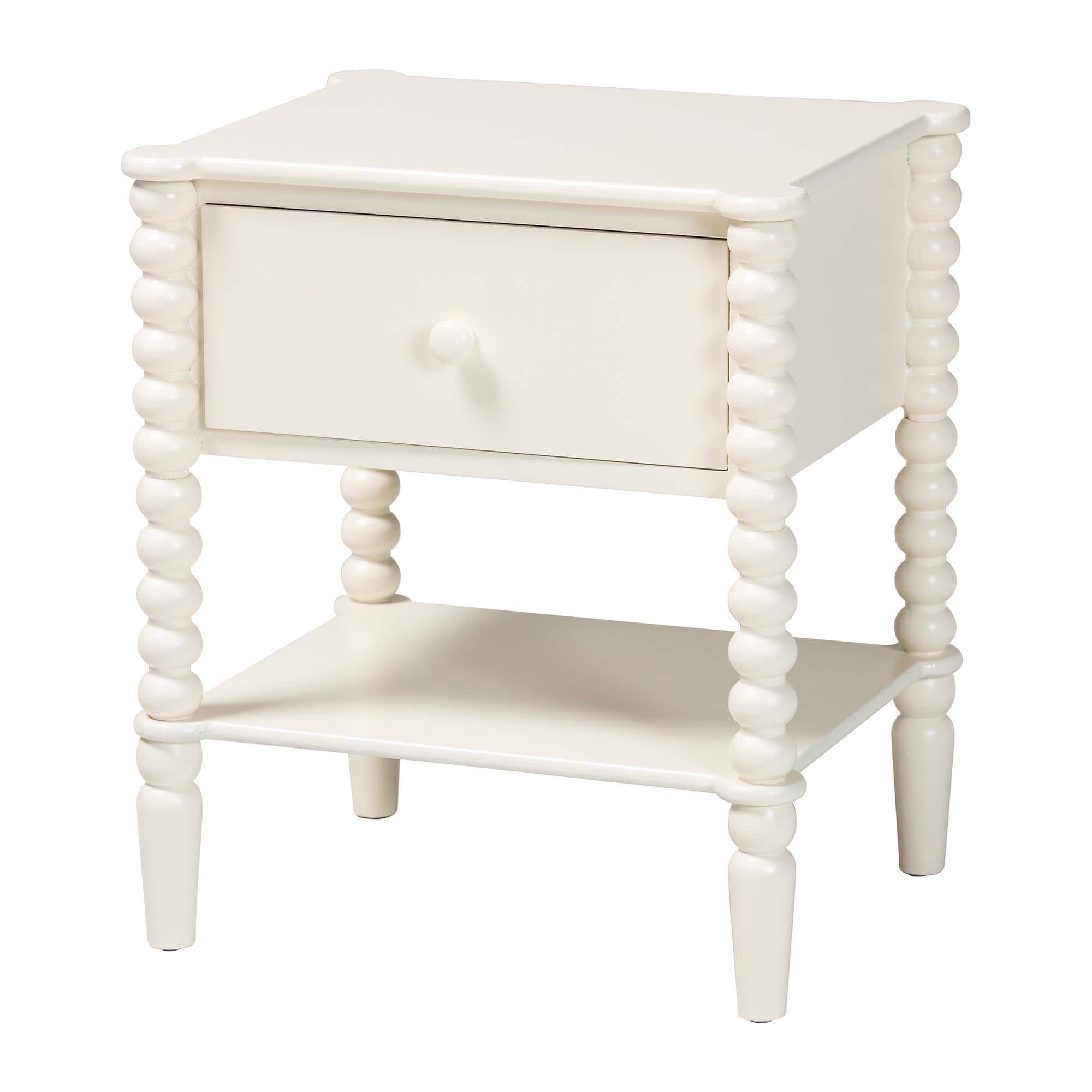Baxton Studio - Rimona End Table with Bobbin Legs - 1-Drawer Accent Table with Spindle Turned Legs and Open Shelf - White
