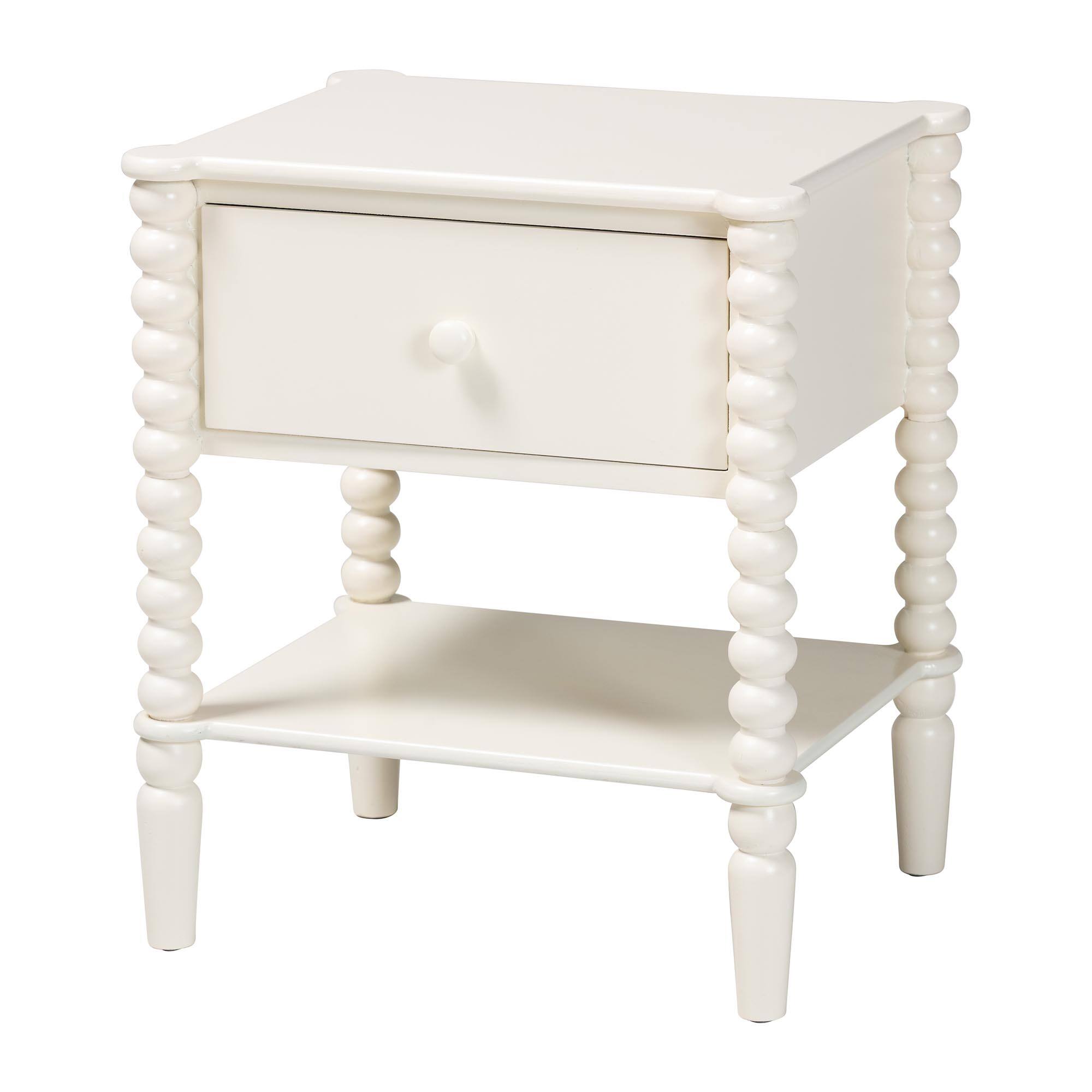 Front. Baxton Studio - Rimona End Table with Bobbin Legs - 1-Drawer Accent Table with Spindle Turned Legs and Open Shelf - White.