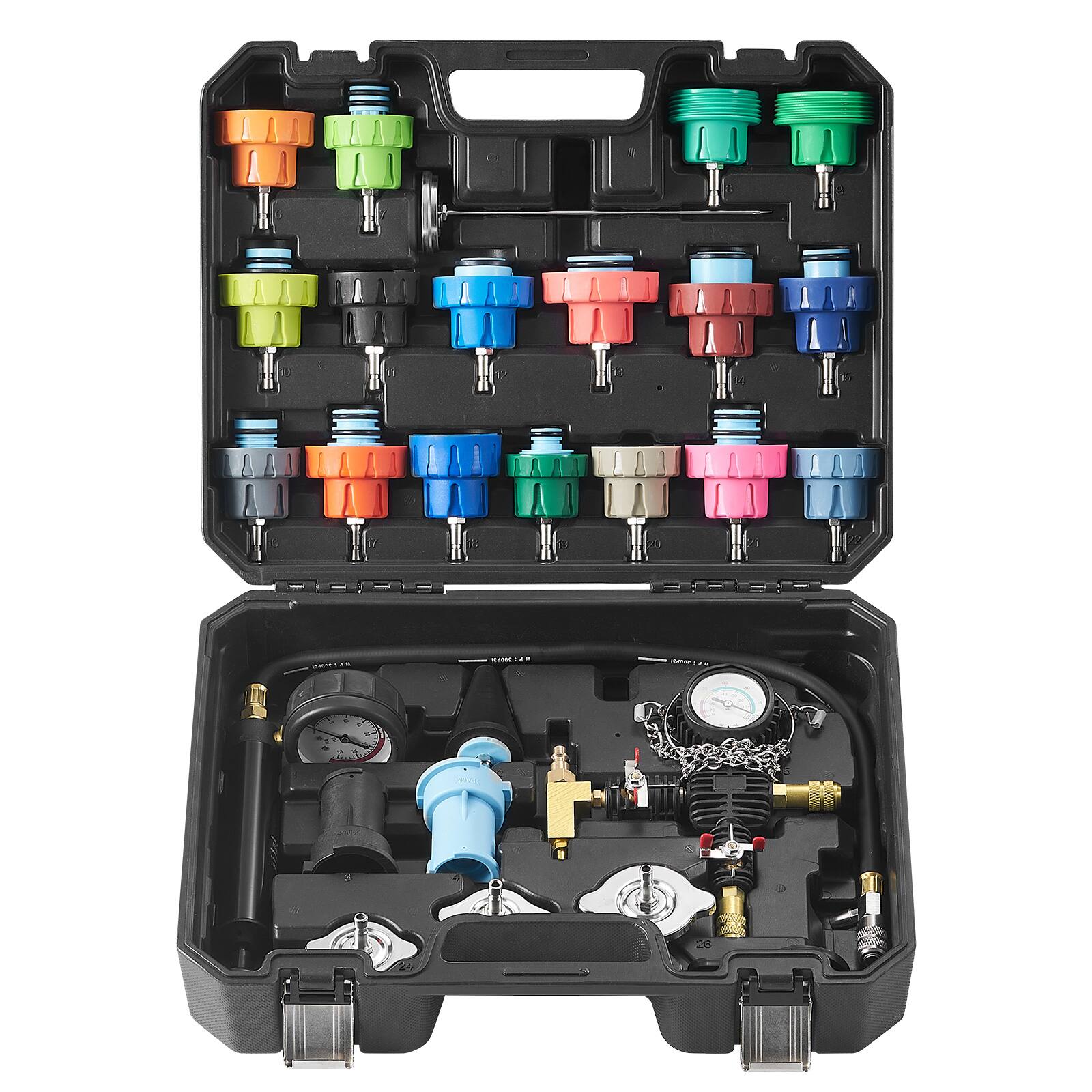 Alt View 5. VEVOR - 28 pcs Universal Radiator Pressure Tester Kit, Coolant Pressure Tester Kit with Manual Pump and Color-coded Test Caps - Black.