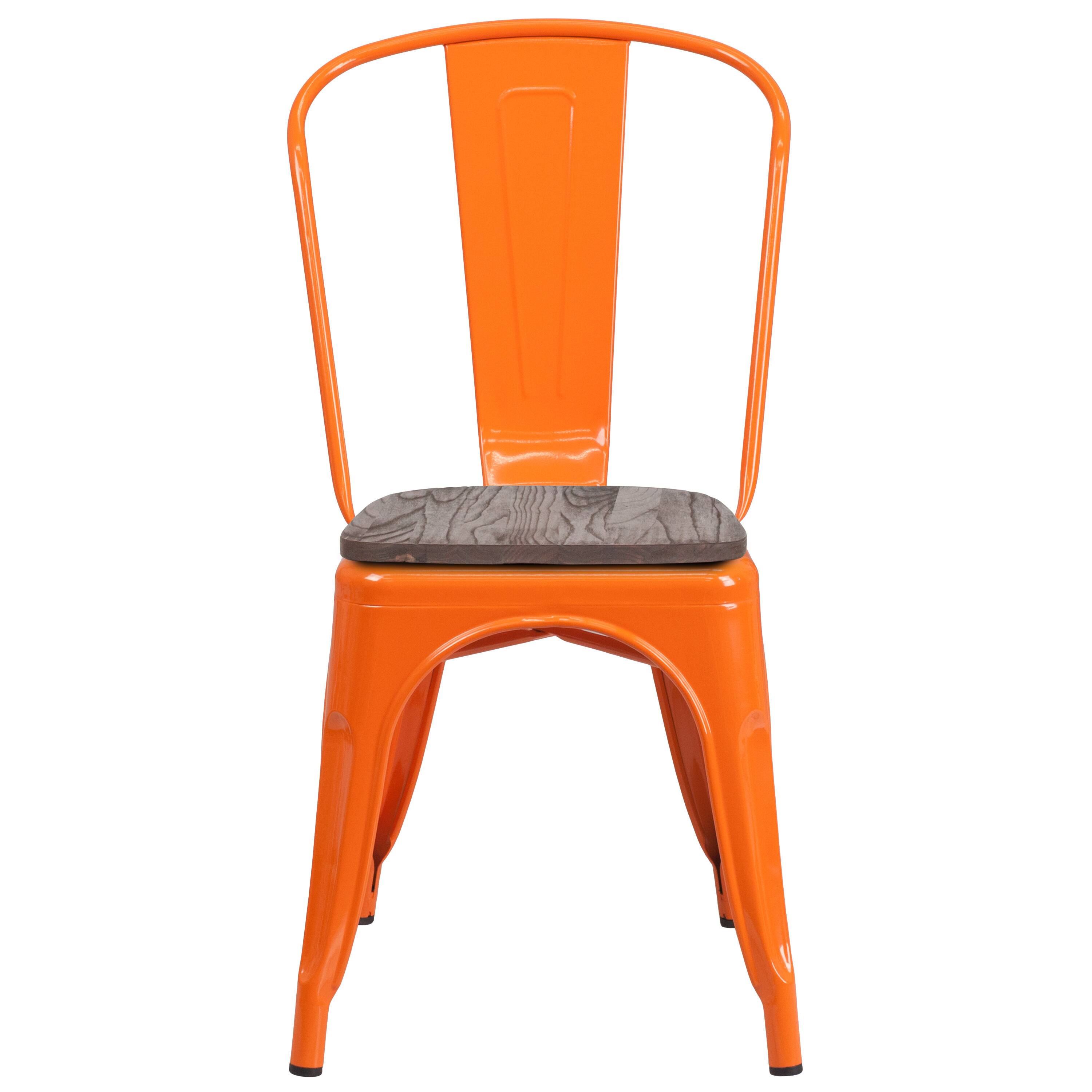 Alt View 7. Emma + Oliver - Colorful Metal Stackable Dining Chair with Wood Seat - Orange.