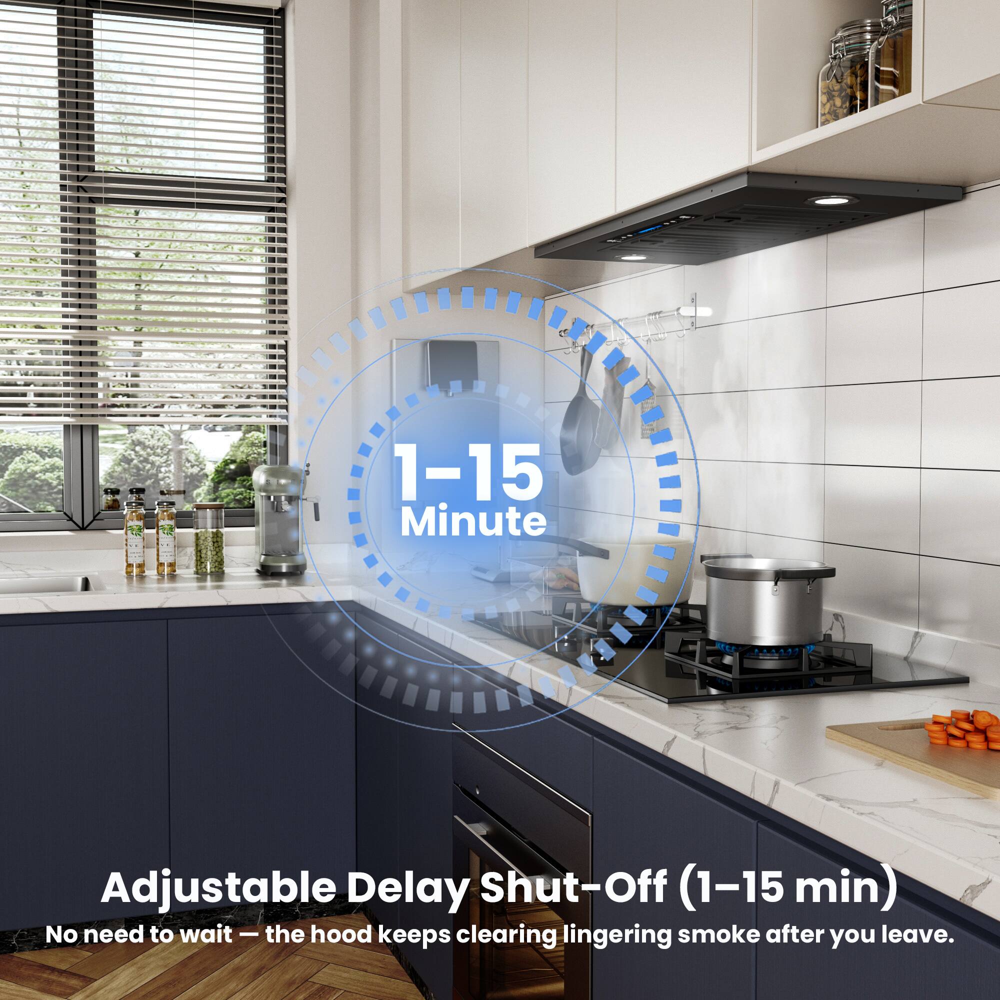 1-15 Minute  
Adjustable Delay Shut-Off (1-15 min)  
No need to wait - the hood keeps clearing lingering smoke after you leave.