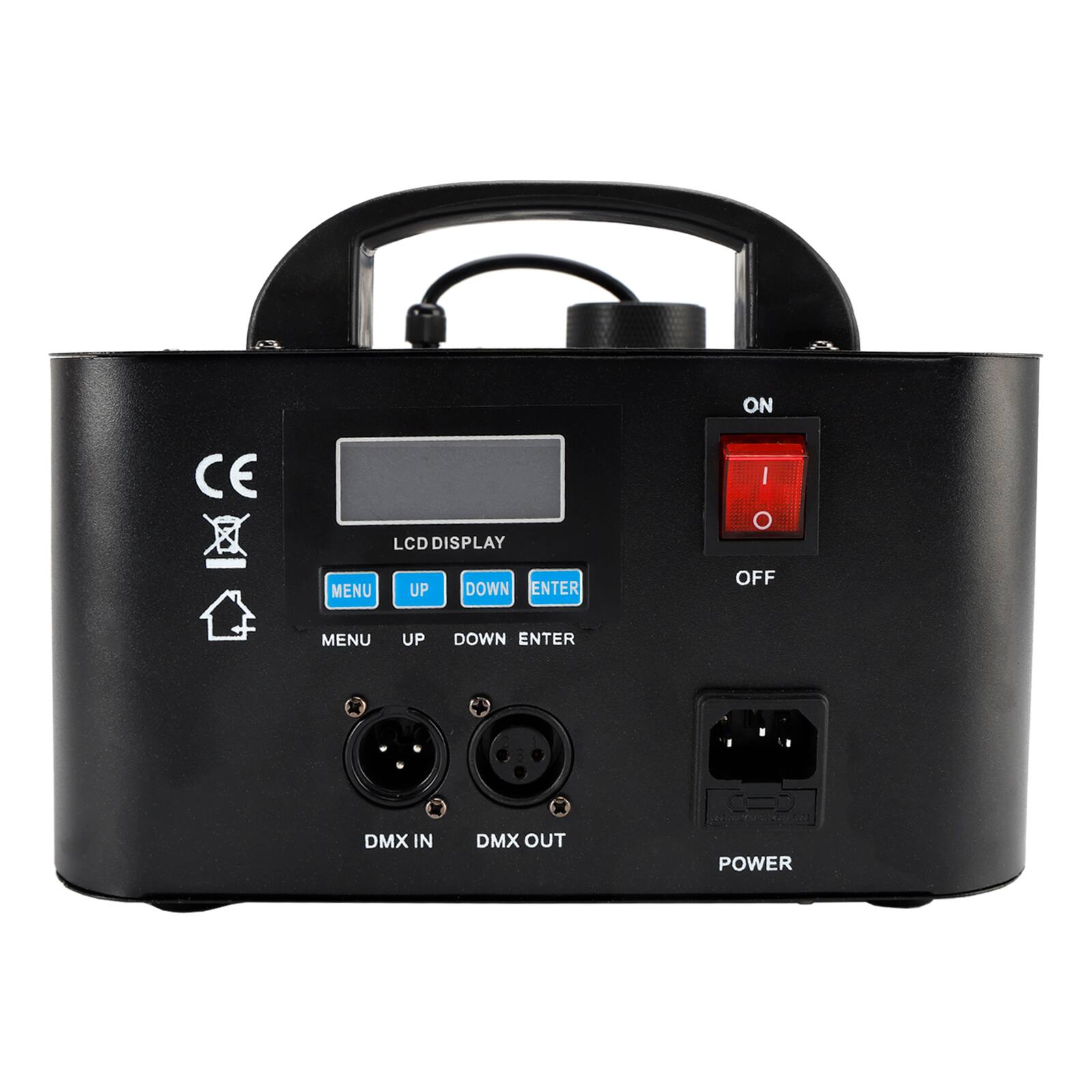 ON  
LCD DISPLAY  
I O MENU UP DOWN ENTER  
OFF  
MENU UP DOWN ENTER  
DMX IN DMX OUT  
POWER