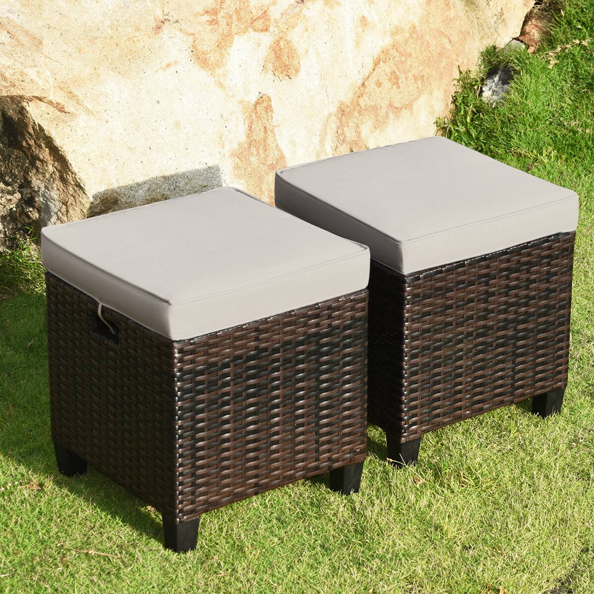 Front. Gymax - Gymax Set of 2 Patio Rattan Ottoman Footrest Garden Outdoor w/ Brown Cushion - Brown.