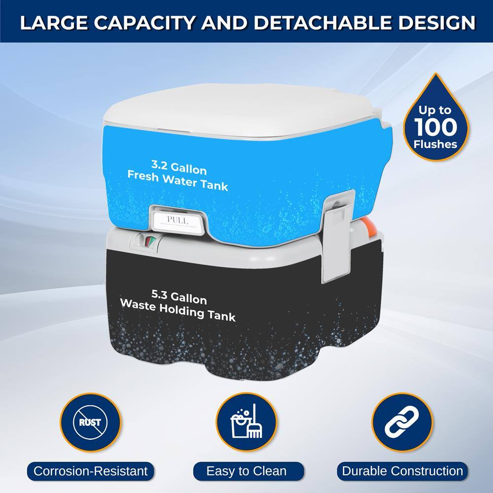LARGE CAPACITY AND DETACHABLE DESIGN

3.2 Gallon Fresh Water Tank  
Up to 100 Flushes

5.3 Gallon Waste Holding Tank

- Corrosion-Resistant
- Easy to Clean
- Durable Construction