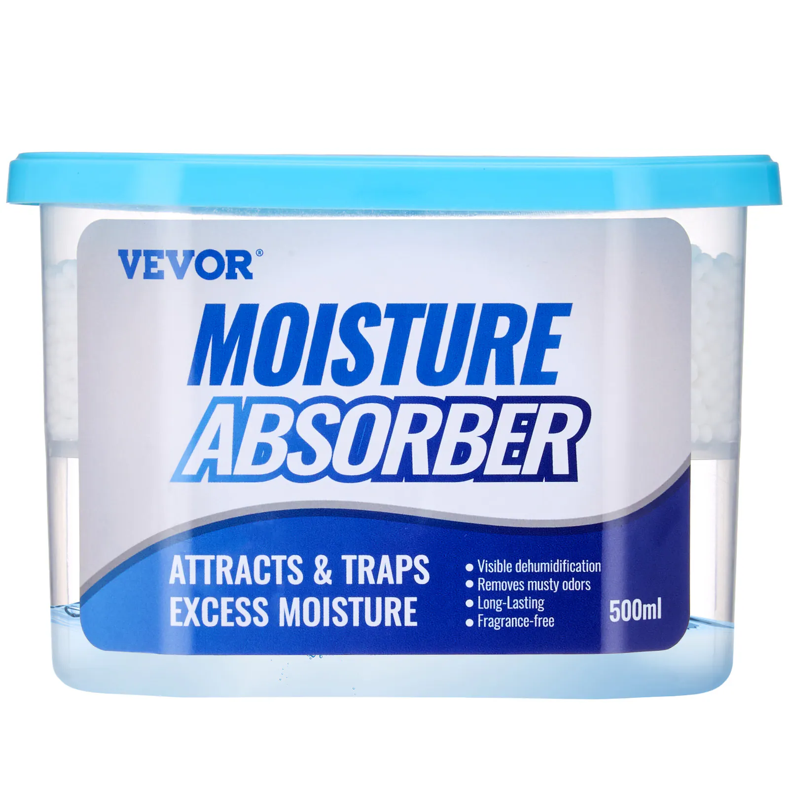 VEVOR MOISTURE ABSORBER  
Attracts & Traps Excess Moisture  
Visible Dehumidification  
Removes Musty Odors  
Long-Lasting  
Fragrance-Free  
500ml