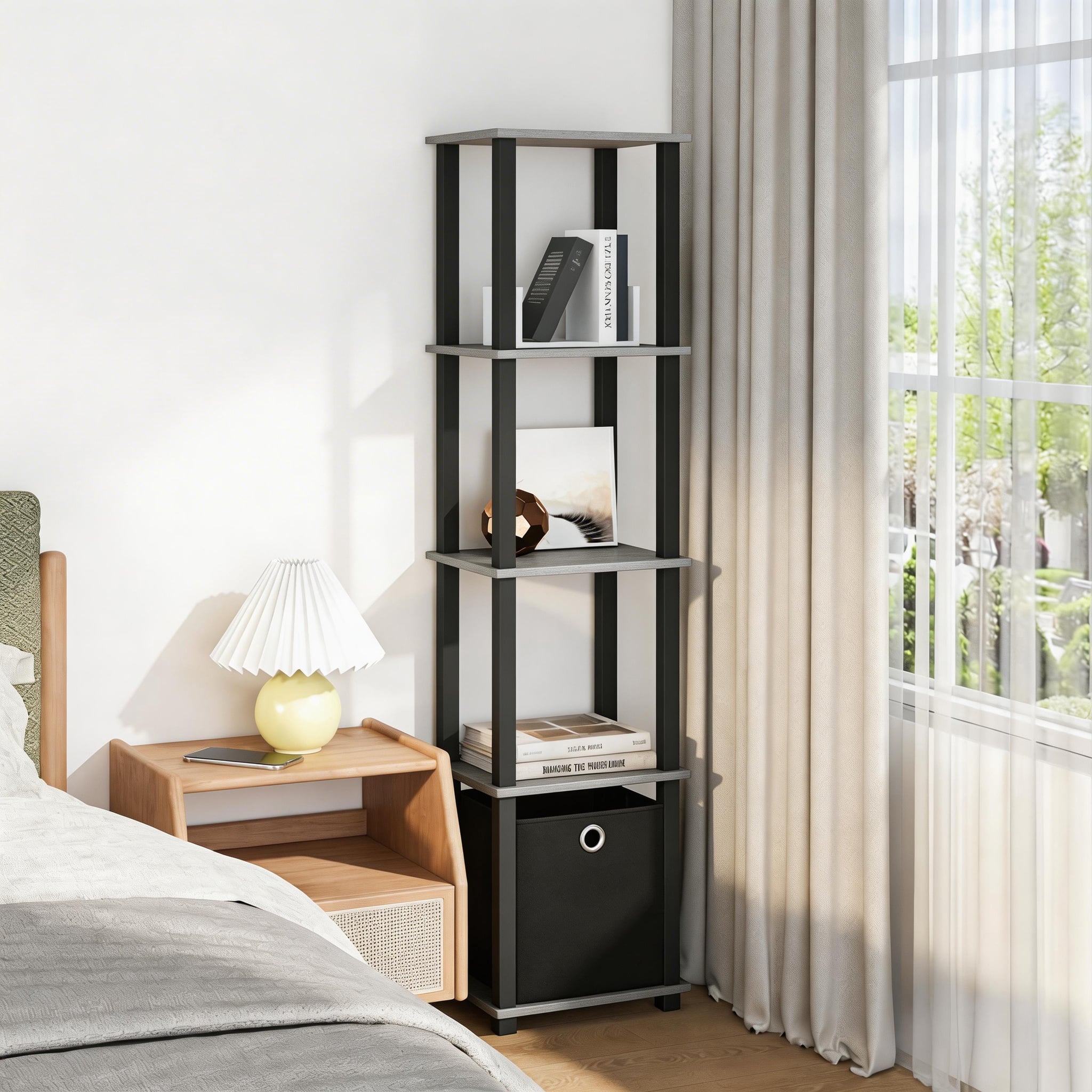 HOMLUX - 5-Tier Open Shelf Bookcase Compact Storage Bookshelf with Bin for Living Room Bedroom Office Frenc Oak Grey & Black - Gray & Black