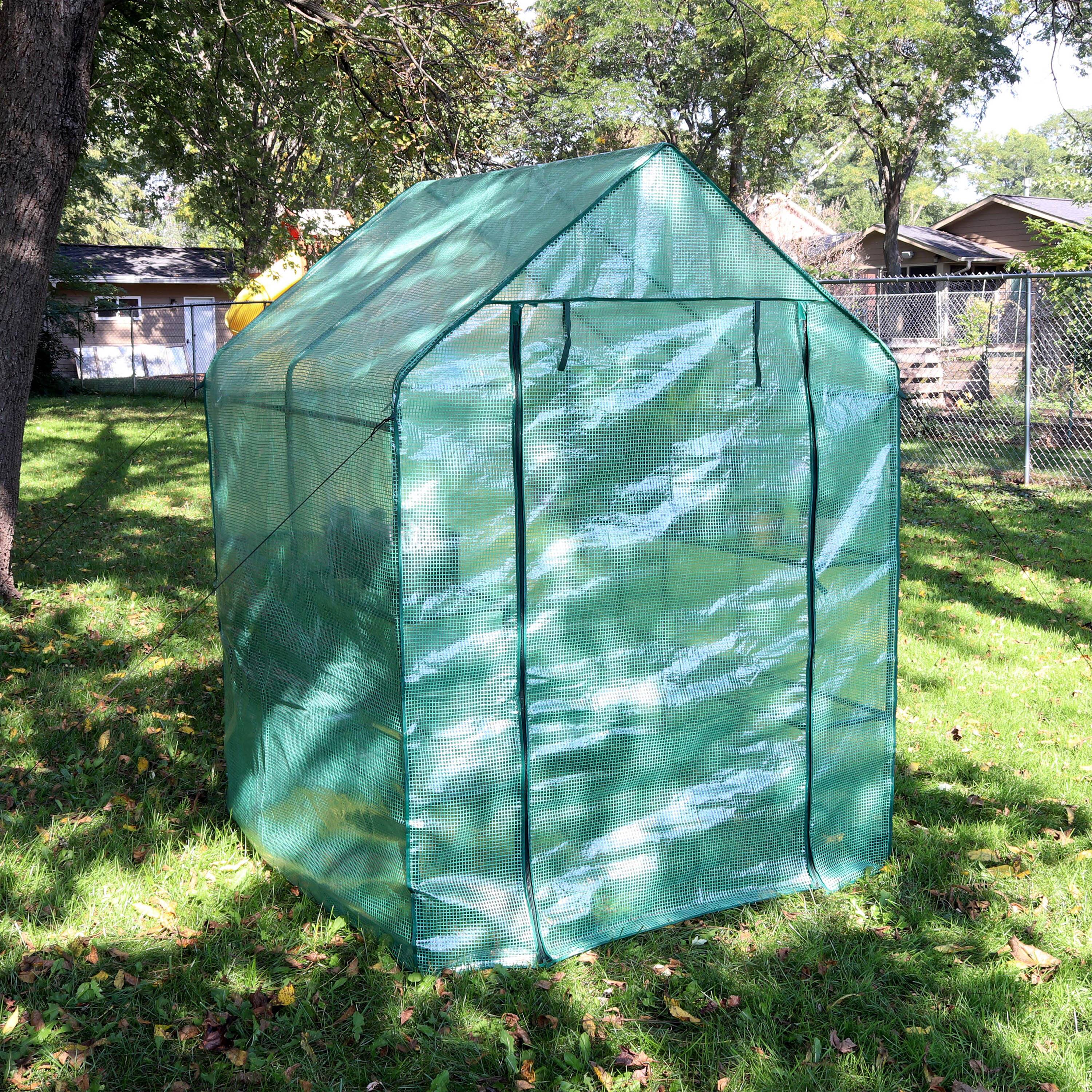 Alt View 4. Sunnydaze - Large Iron PE Cover Walk-In Greenhouse with 4 Shelves - Green.