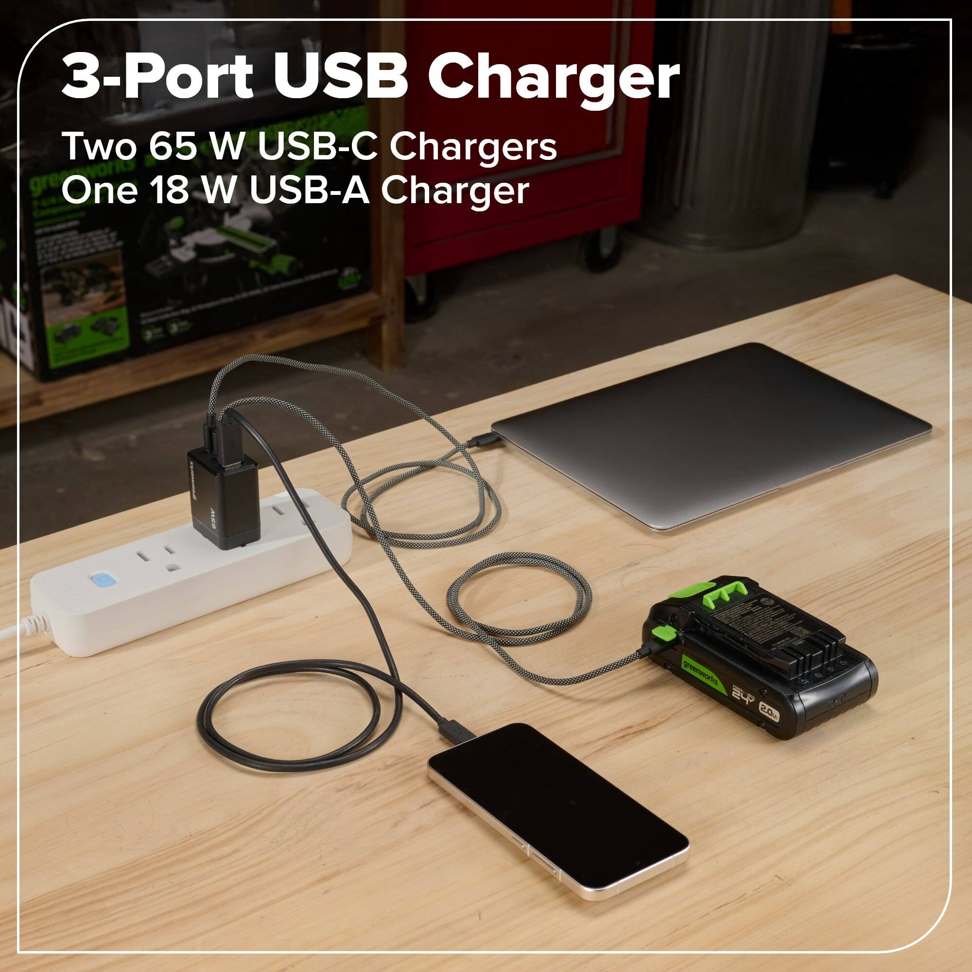 3-Port USB Charger  
Two 65 W USB-C Chargers  
One 18 W USB-A Charger