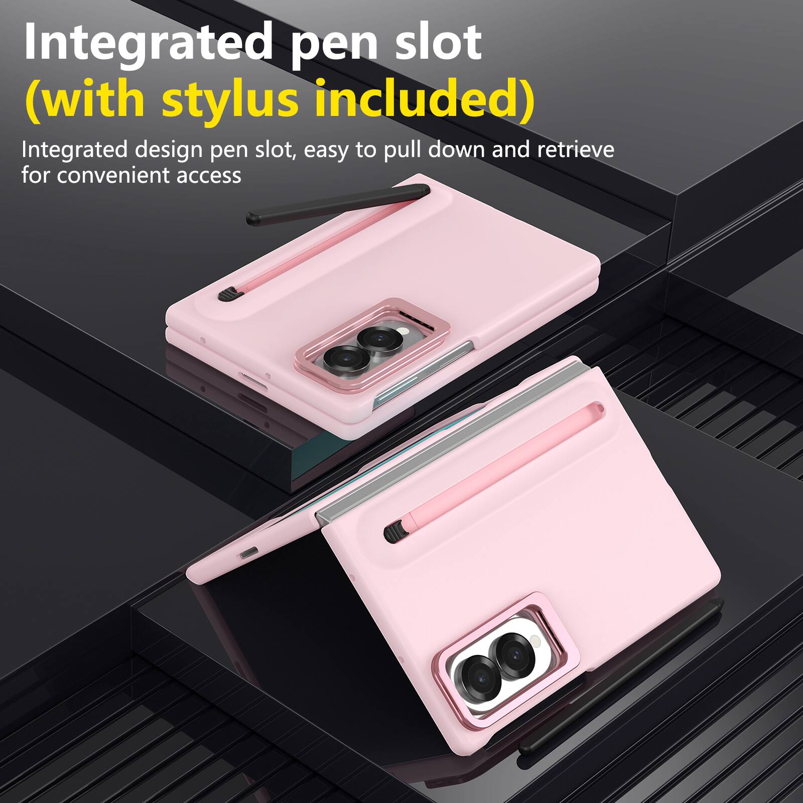 Integrated pen slot (with stylus included)  
Integrated design pen slot, easy to pull down and retrieve for convenient access