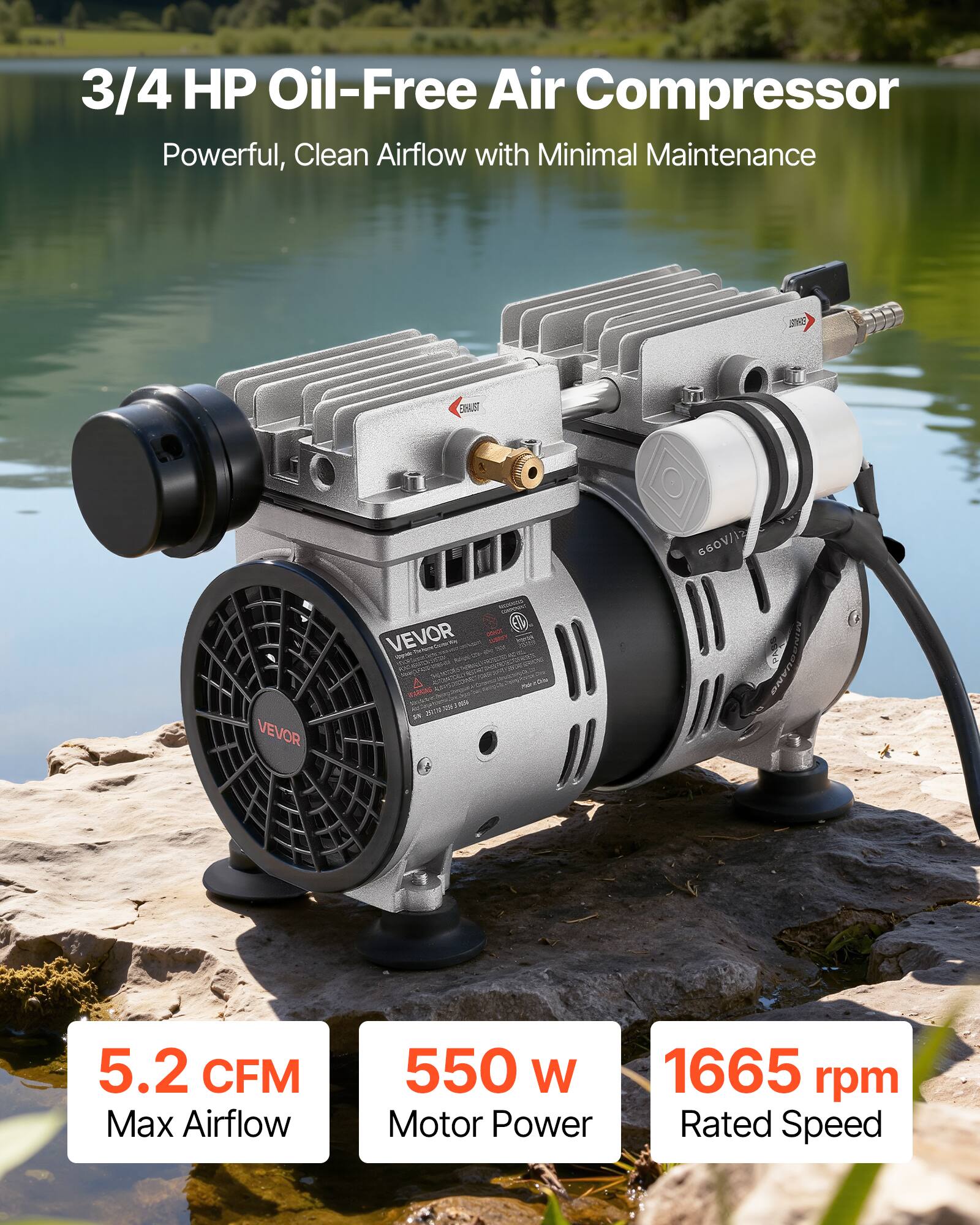 VEVOR Pond Aerator,5.2CFM 3/4 HP Air Compressor,Lake Aerator for Ponds ...