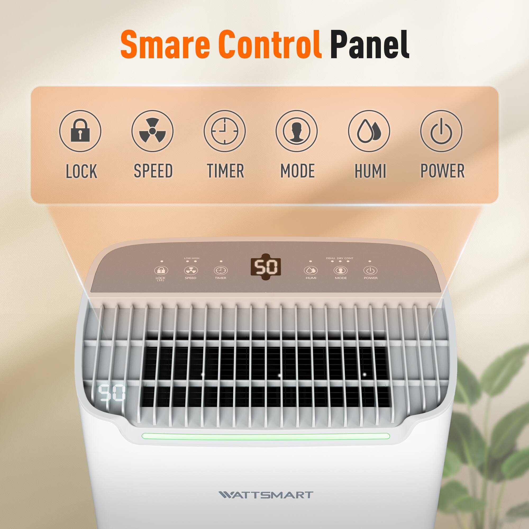 Smare Control Panel

LOCK
SPEED
TIMER
MODE
HUMI
POWER

LOCK 1384
LOTE POOT AMID
SMIK
SO
HUMI
OKIO GIVERY COAST MODE
POWER

90
WATTSMART