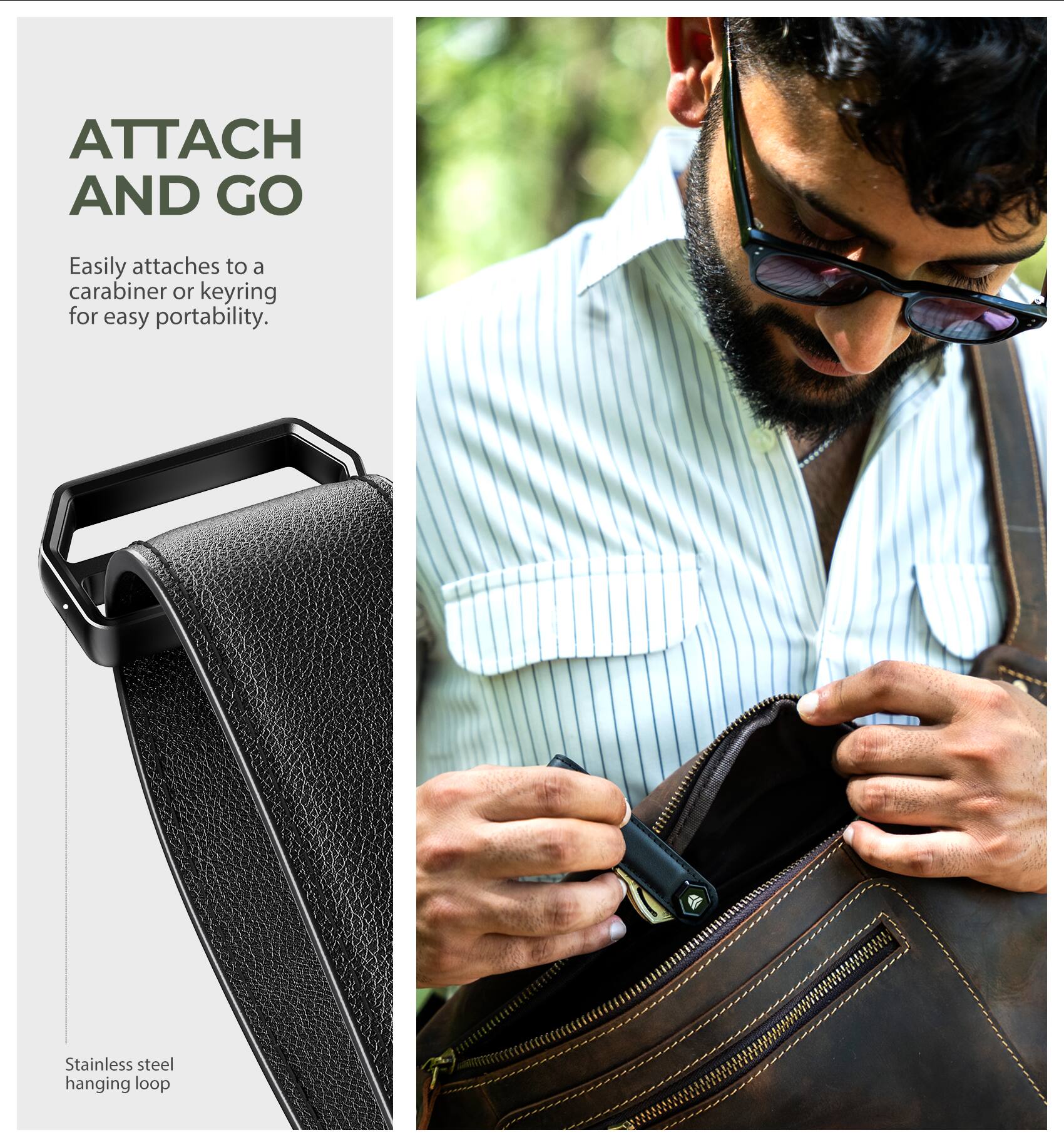 ATTACH AND GO

Easily attaches to a carabiner or keyring for easy portability.

Stainless steel hanging loop