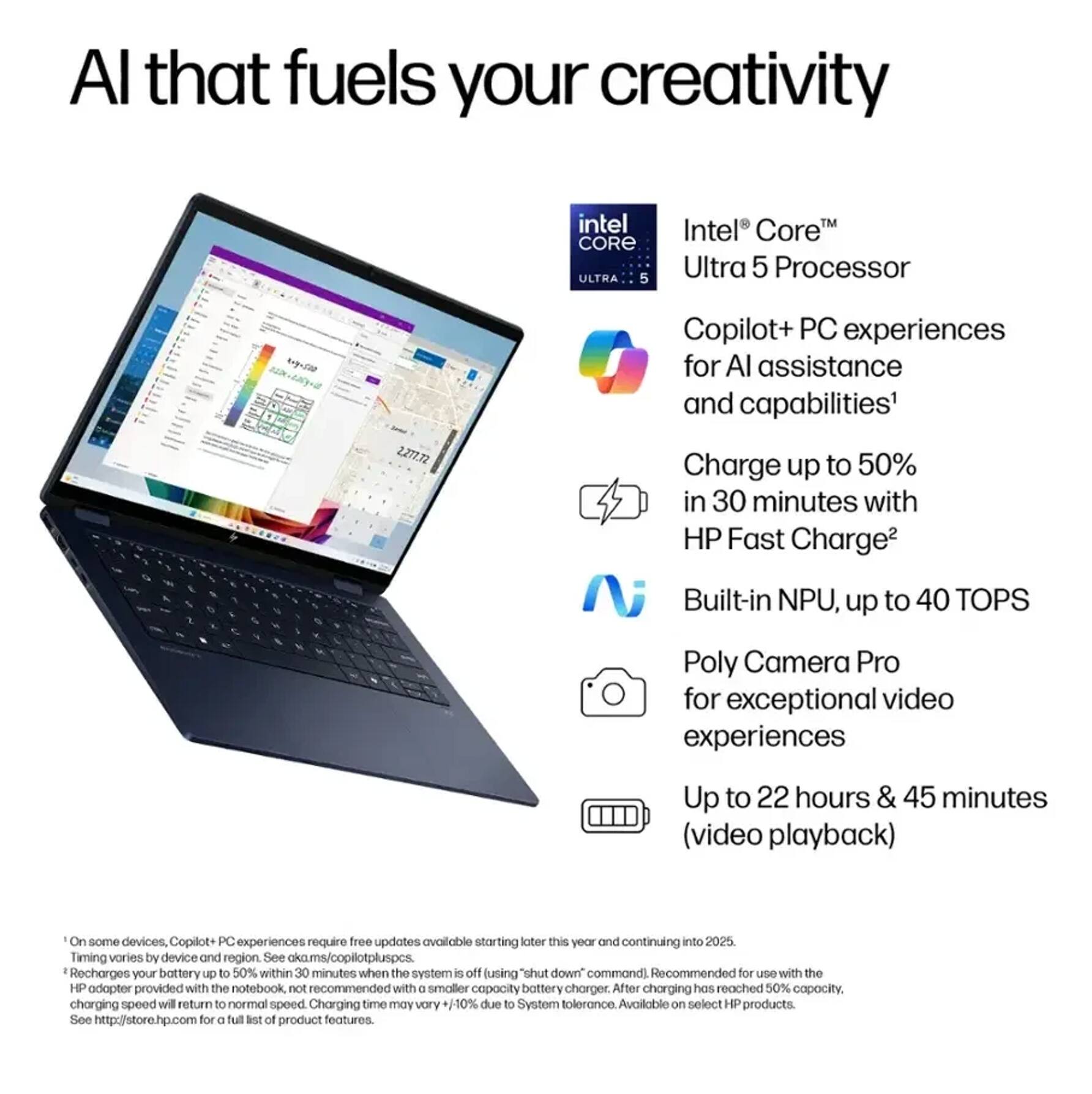 AI that fuels your creativity

Intel® Core™  
Ultra 5 Processor

- Copilot+ PC experiences for AI assistance and capabilities¹
- Charge up to 50% in 30 minutes with HP Fast Charge²
- Built-in NPU, up to 40 TOPS
- Poly Camera Pro for exceptional video experiences
- Up to 22 hours & 45 minutes (video playback)

¹ On some devices, Copilot+ PC experiences require free updates available starting later this year and continuing into 2025.  
² Recharges your battery up to 50% within 30 minutes when the system is off using "shut down" command. Recommended for use with the HP adapter provided with the notebook, not recommended with a smaller capacity battery charger. After charging has reached 50% capacity, charging speed will return to normal speed. Charging time may vary +10% due to System tolerance. Available on select HP products.  
See http://store.hp.com for a full list of product features.