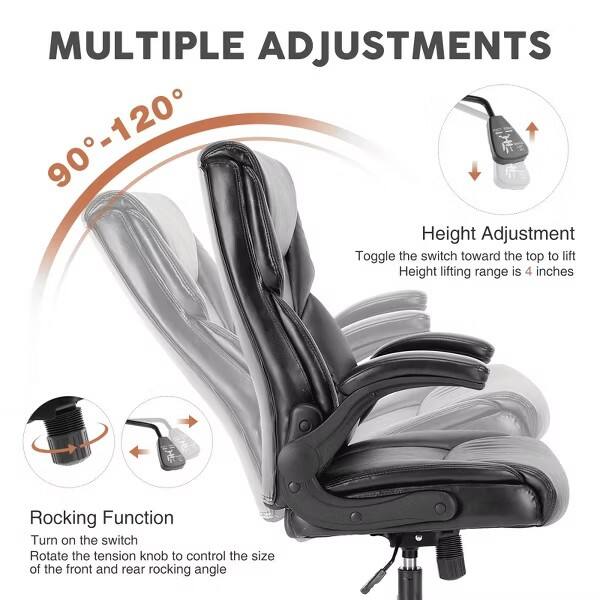 MULTIPLE ADJUSTMENTS

90°-120°

Height Adjustment
Toggle the switch toward the top to lift
Height lifting range is 4 inches

Rocking Function
Turn on the switch
Rotate the tension knob to control the size of the front and rear rocking angle