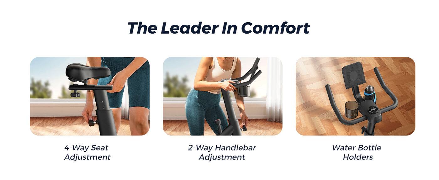 The Leader In Comfort has 4-Way Seat Adjustment, 2-Way Handlebar Adjustment, and Water Bottle Holders.