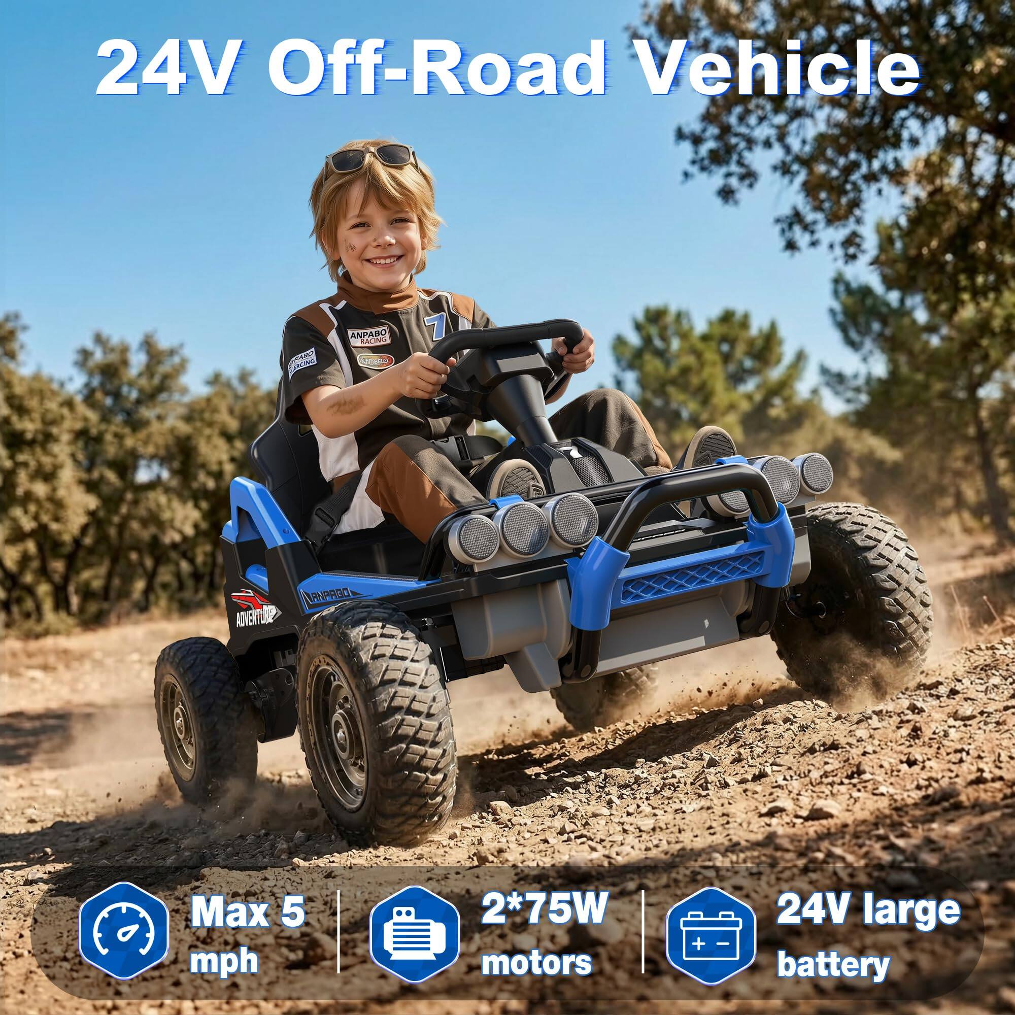 24V Off-Road Vehicle

SERVICING
ANPABO RACING

Max 5 mph
2*75W motors
24V large battery