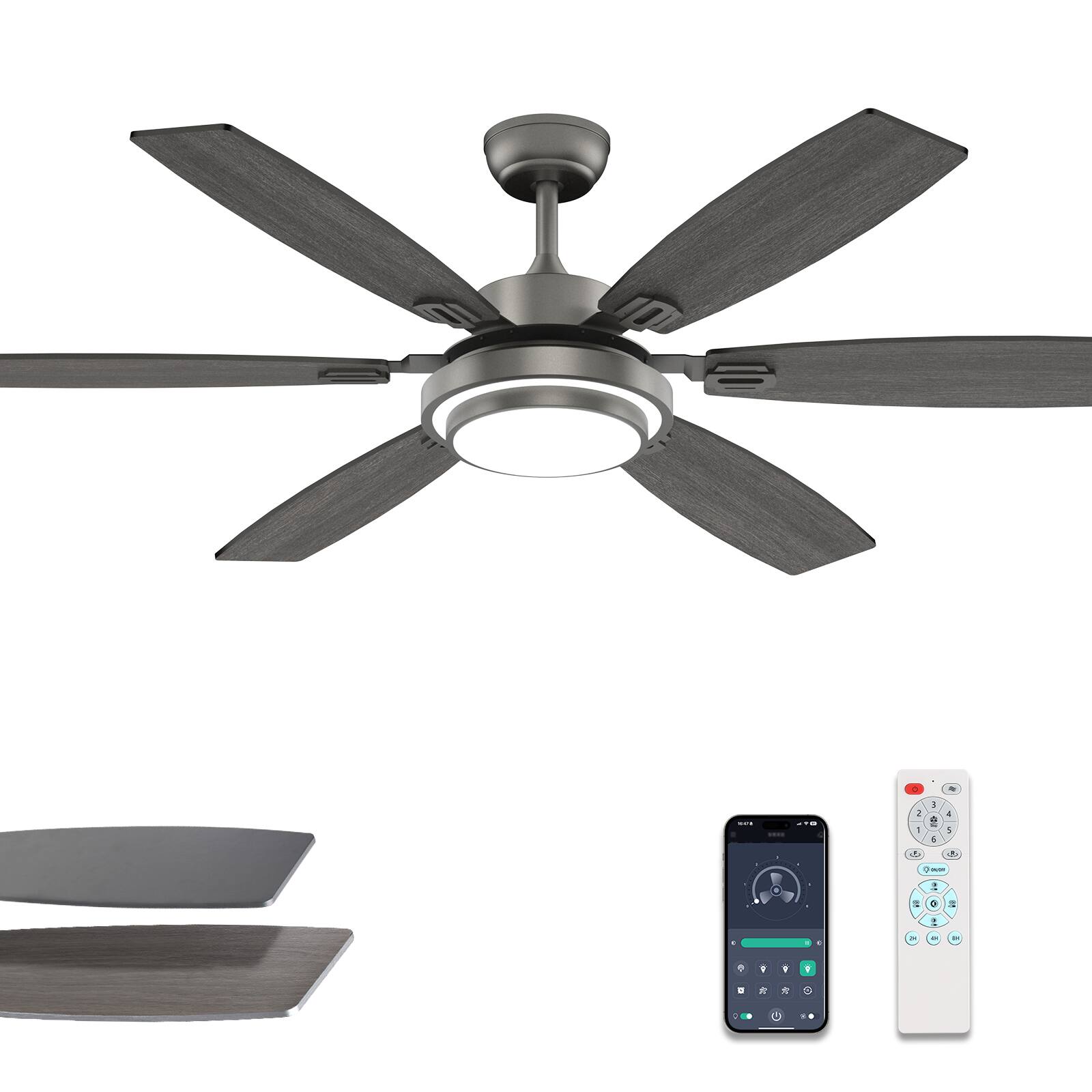 Front. Siljoy - 60-in Gray Ceiling Fan with Gray or Oak Color Blades Ceiling Fan With LED Light-Remote Included（6 Blades） - Gray.